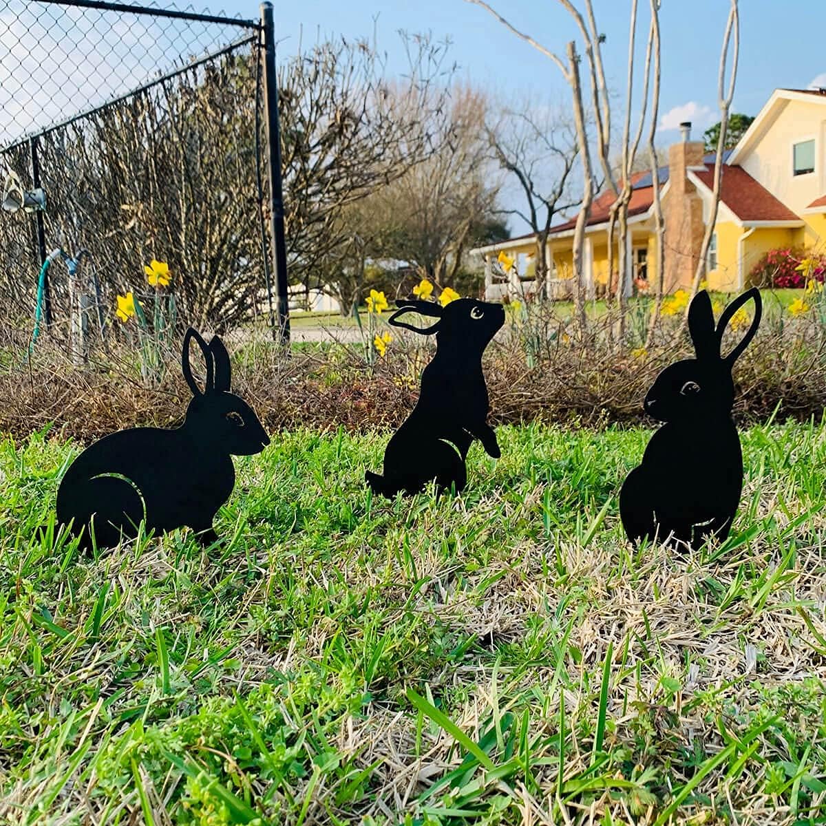 RealSteel metal garden animal sculptures featuring a bunny and squirrel yard art stake for outdoor decoration.
