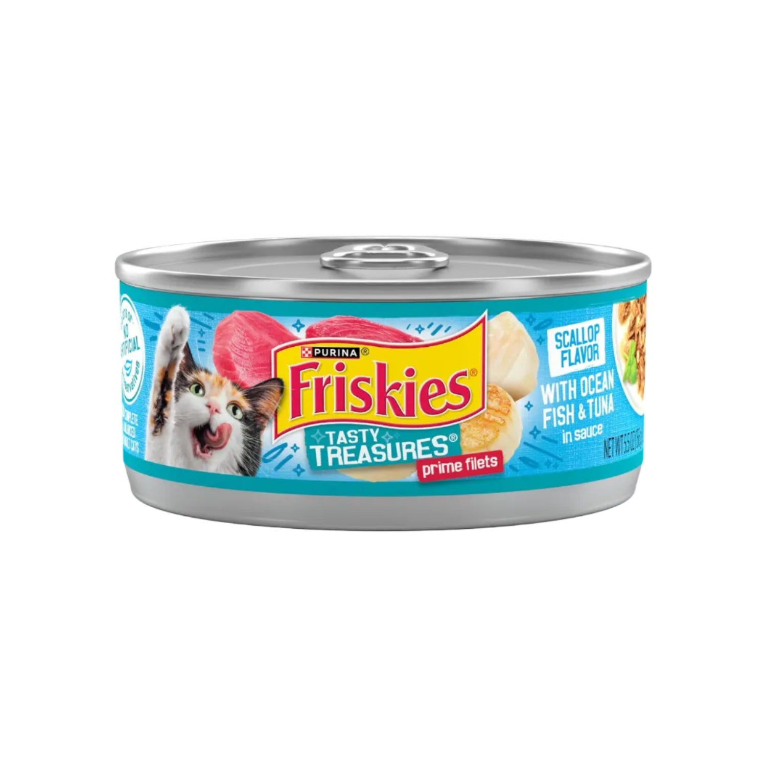 Friskies wet cat food Tasty Treasures with ocean fish and tuna in scallop-flavored sauce, 5.5 oz cans, pack of 24