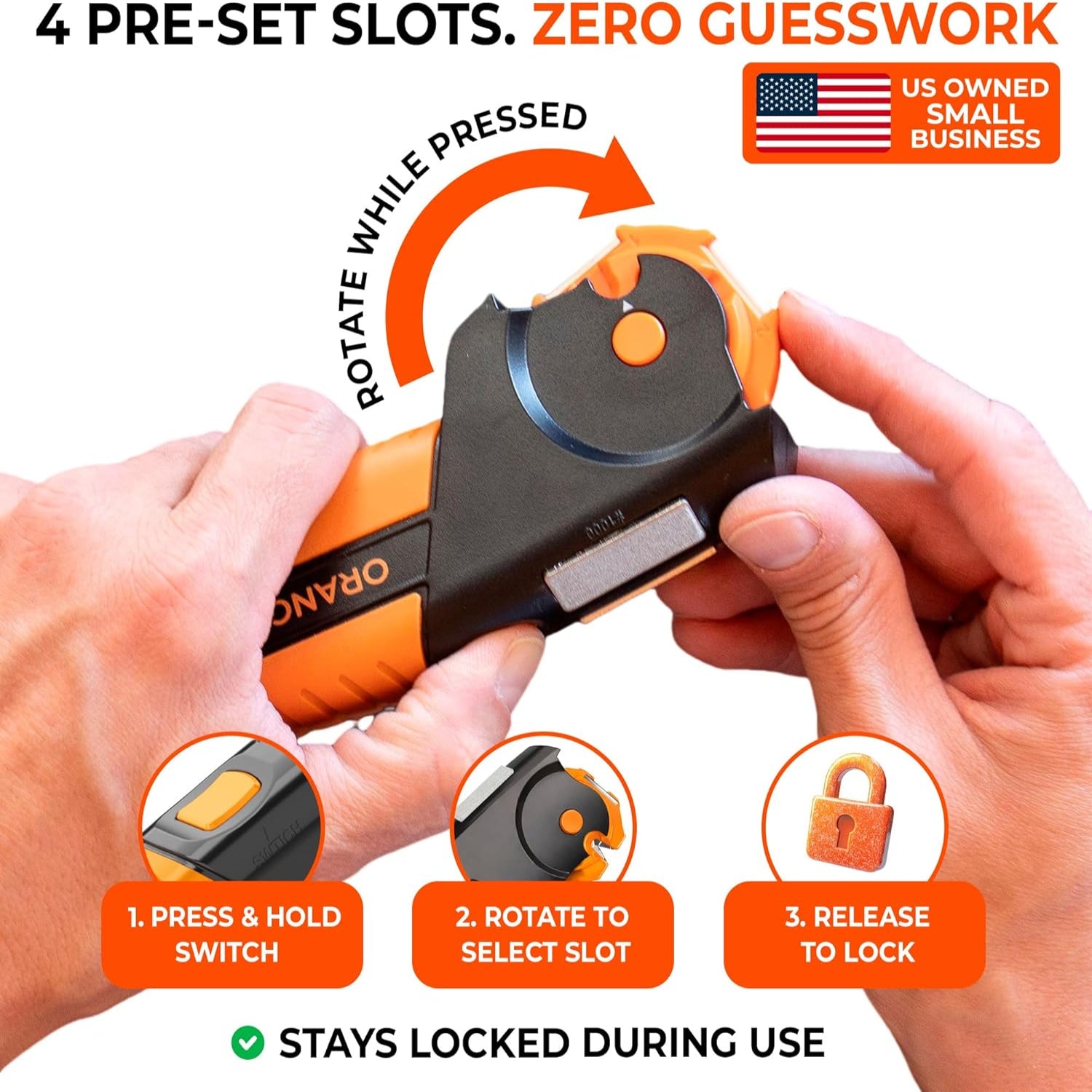 Orange Ninja 7-in-1 garden tool and knife sharpener by Sharp Pebble, designed for sharpening axe, hatchet, and machete blades.