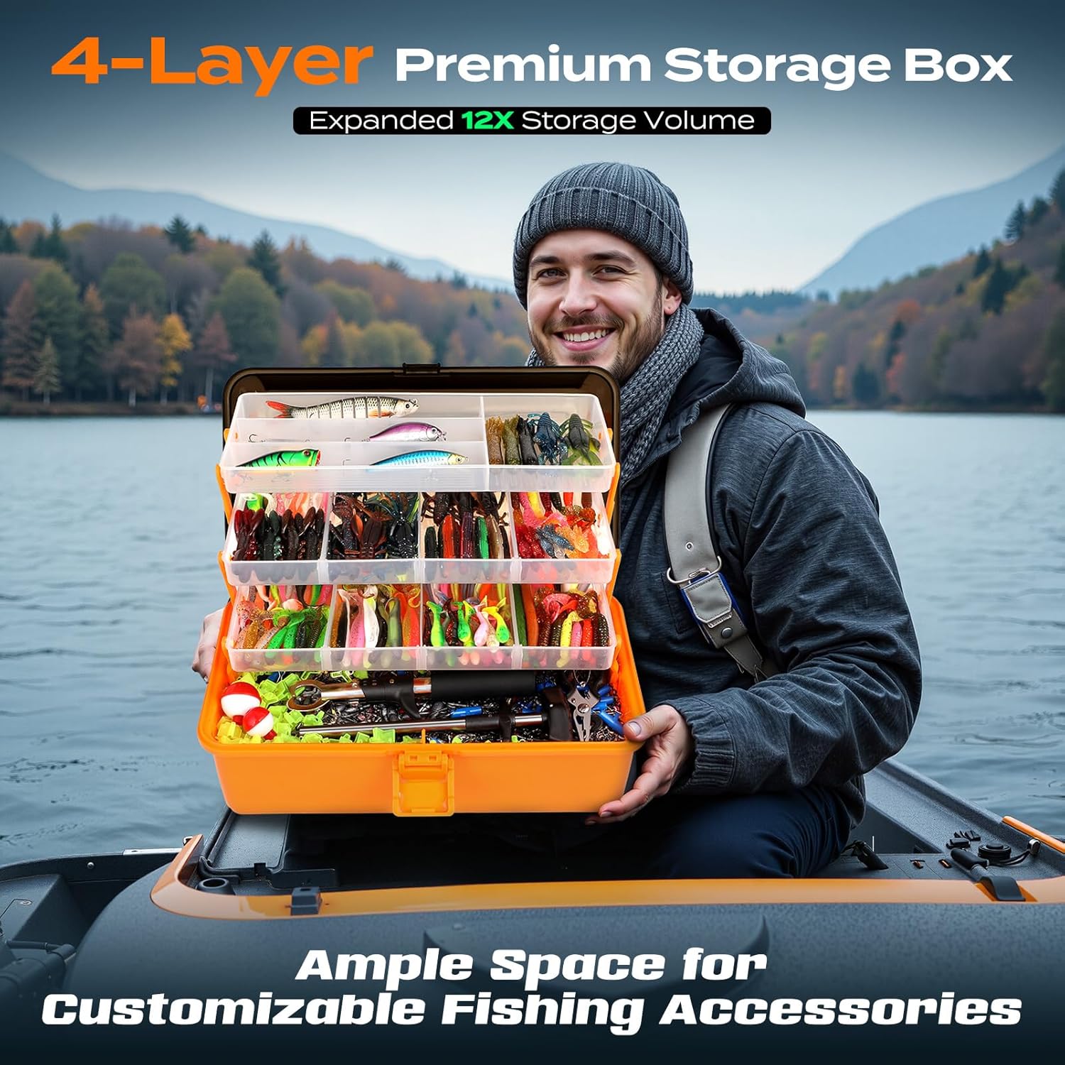 PLUSINNO large 4-layer tackle box with 547 fishing lures, pliers, and crankbaits arranged inside for fresh-water fishing.