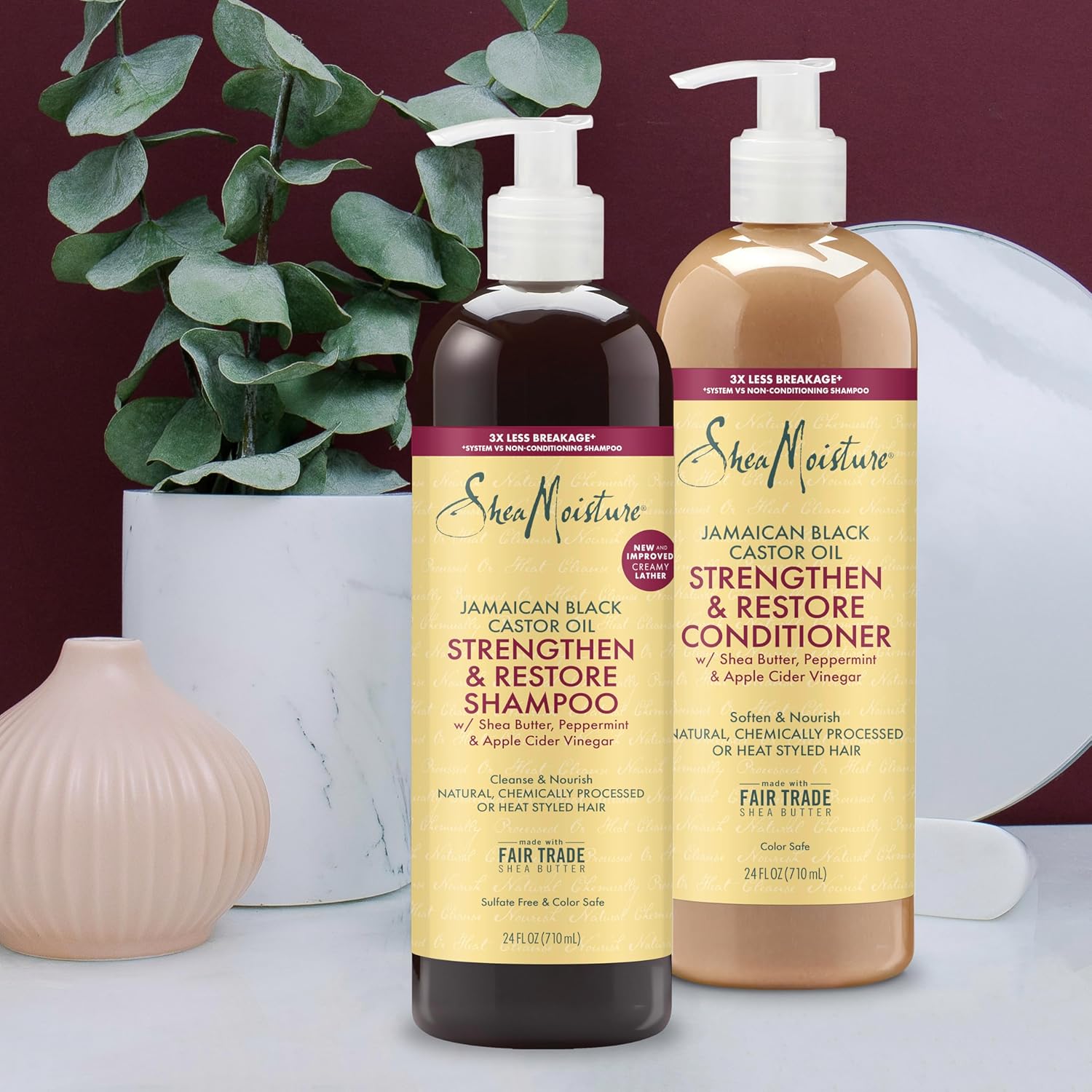 Shea Moisture Strengthen & Restore Shampoo and Conditioner bundle with Jamaican castor oil for healthy, strengthened hair.