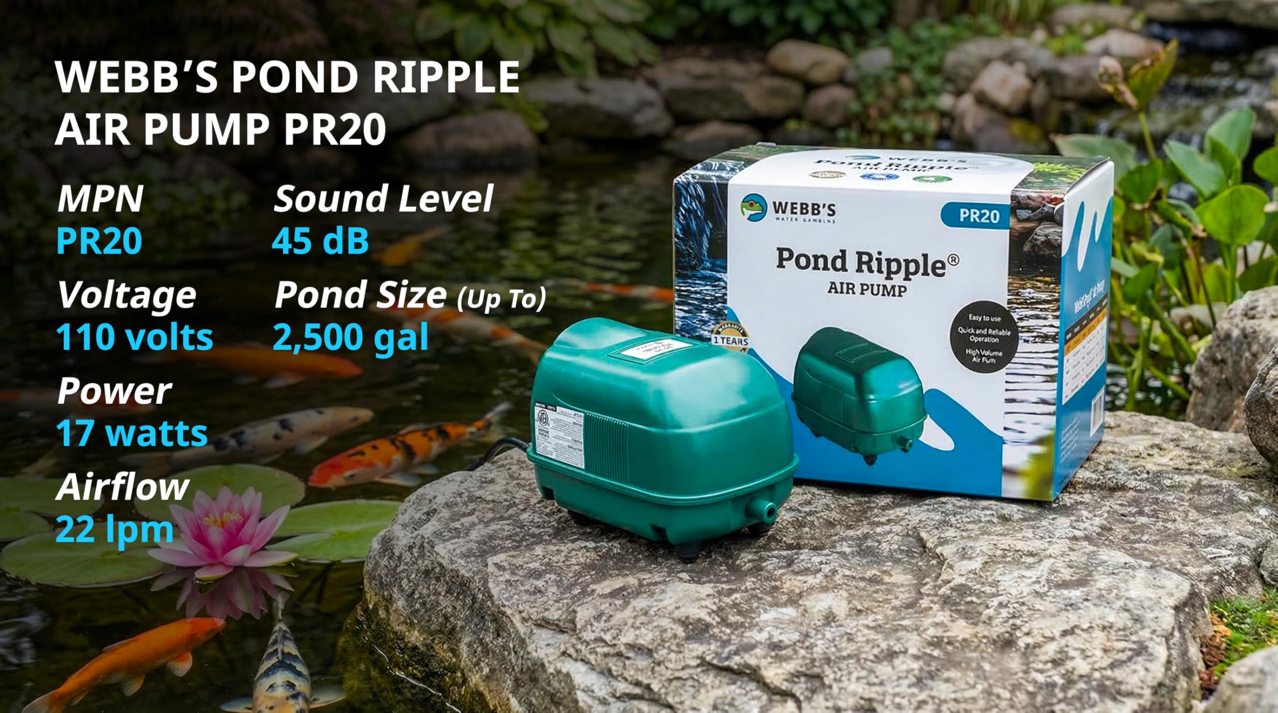 Webb's Water Gardens Webb's Pond Ripple Air Pump PR20, Aerate Pon - Webb's Water Gardens Official Product View 6