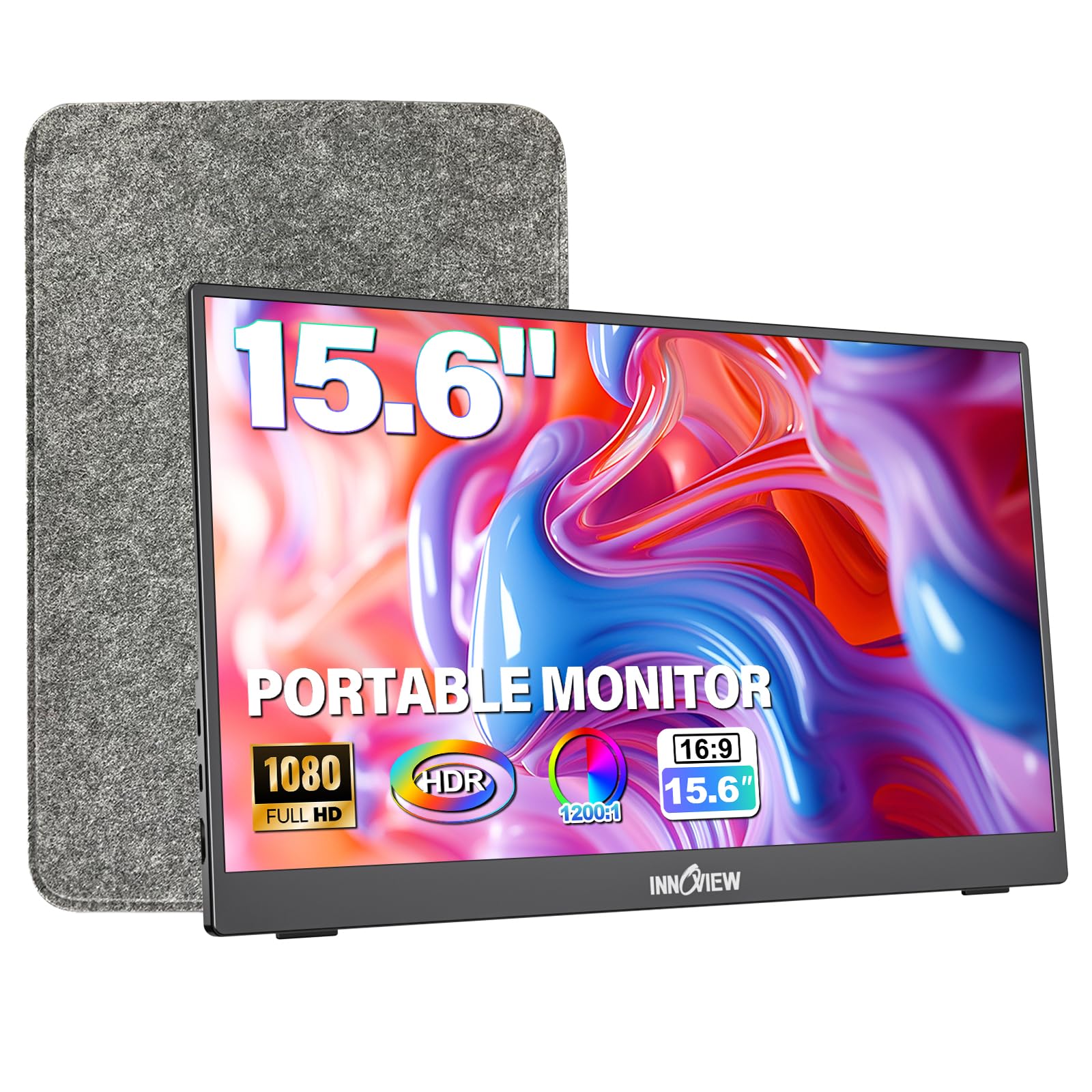 InnoView Portable Monitor 15.6" 1080P for Laptop with Protective Sleeve, Built-in 90° Adjustable Stand USB C HDMI Ultra-Slim Portable Laptop Monitor for MacBook Phone PS Xbox Switch