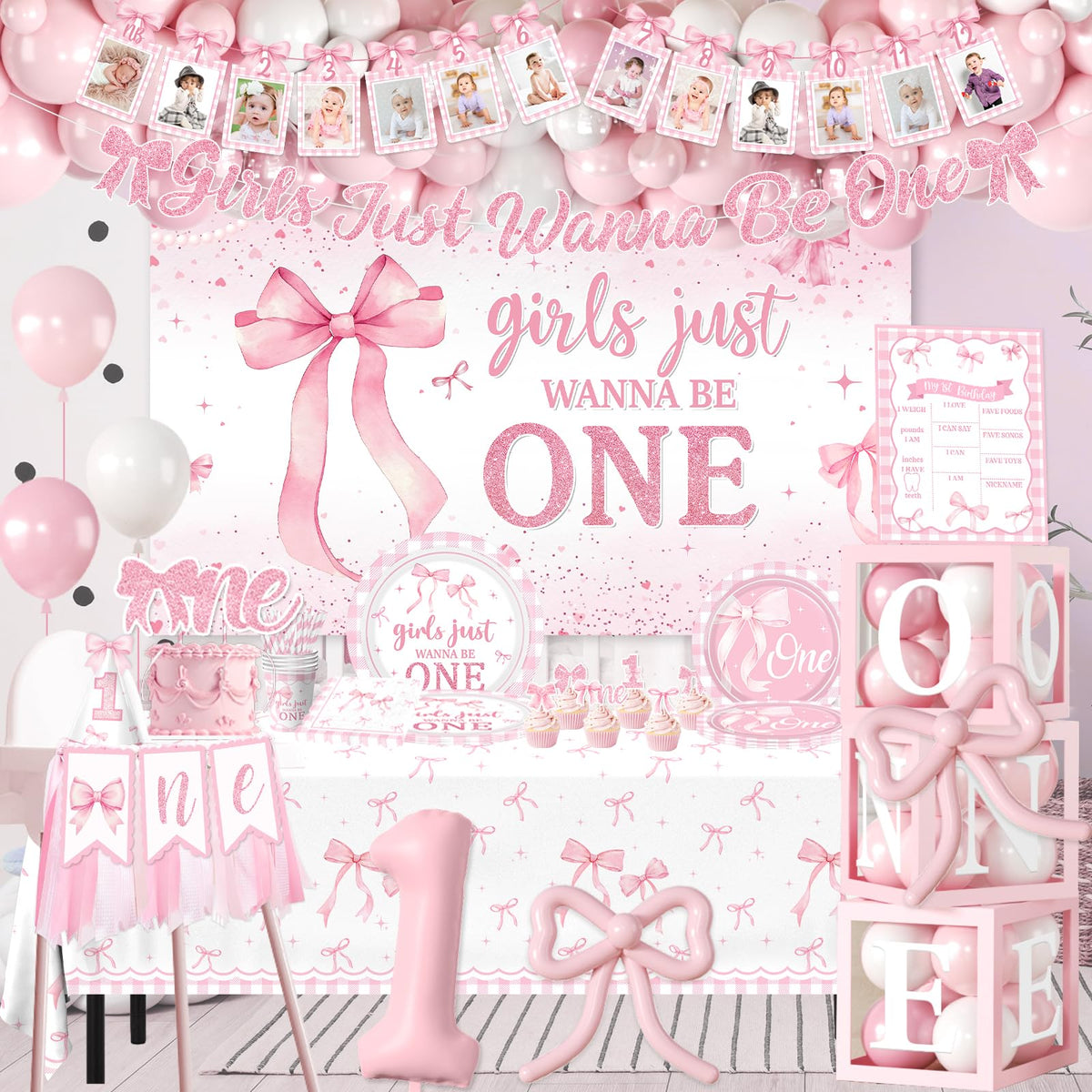 Pink Bow 1st Birthday Decorations 271Pcs Girls Just Wanna Be - KUPWOQU Official Imagery - 7