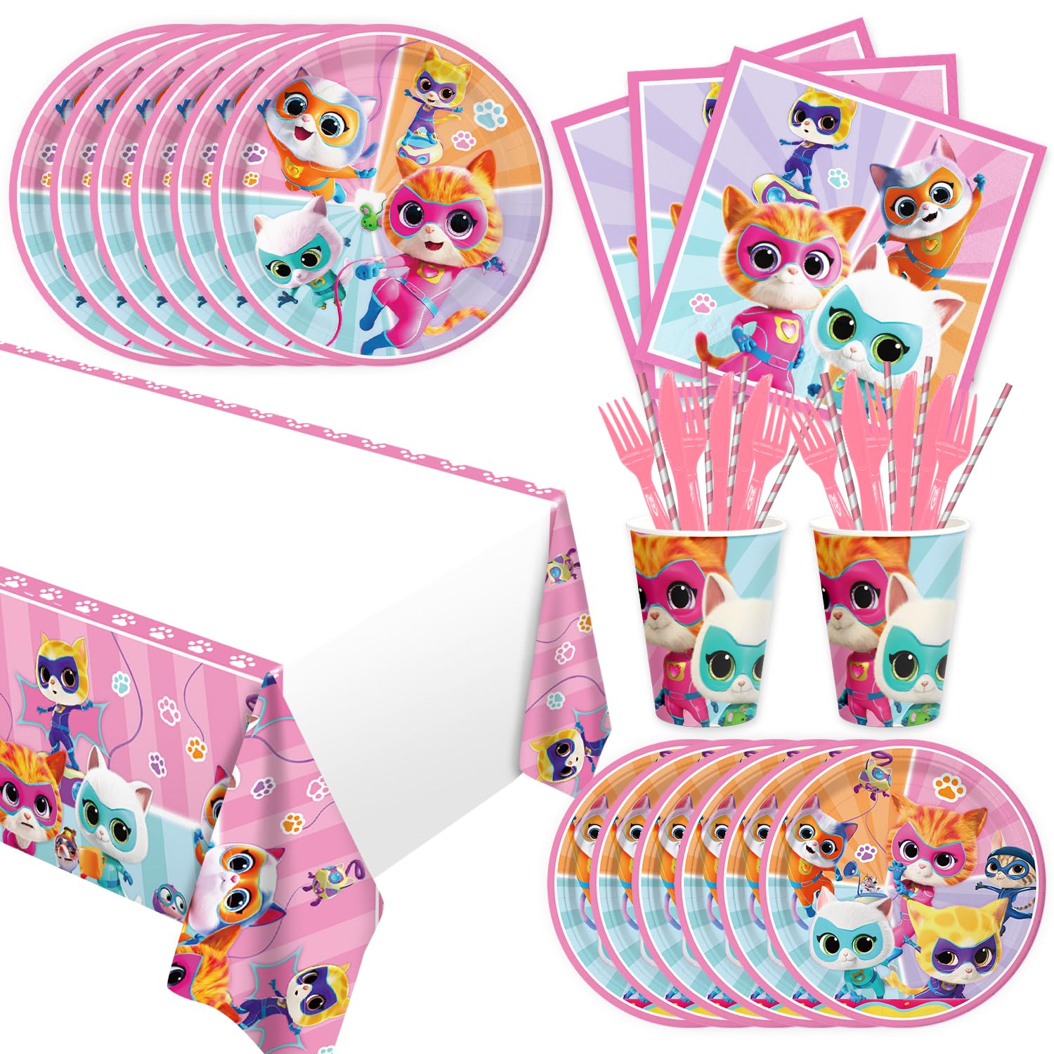 141pcs Super Kitties Birthday Tableware Decorations Party Plates - Product Imagery