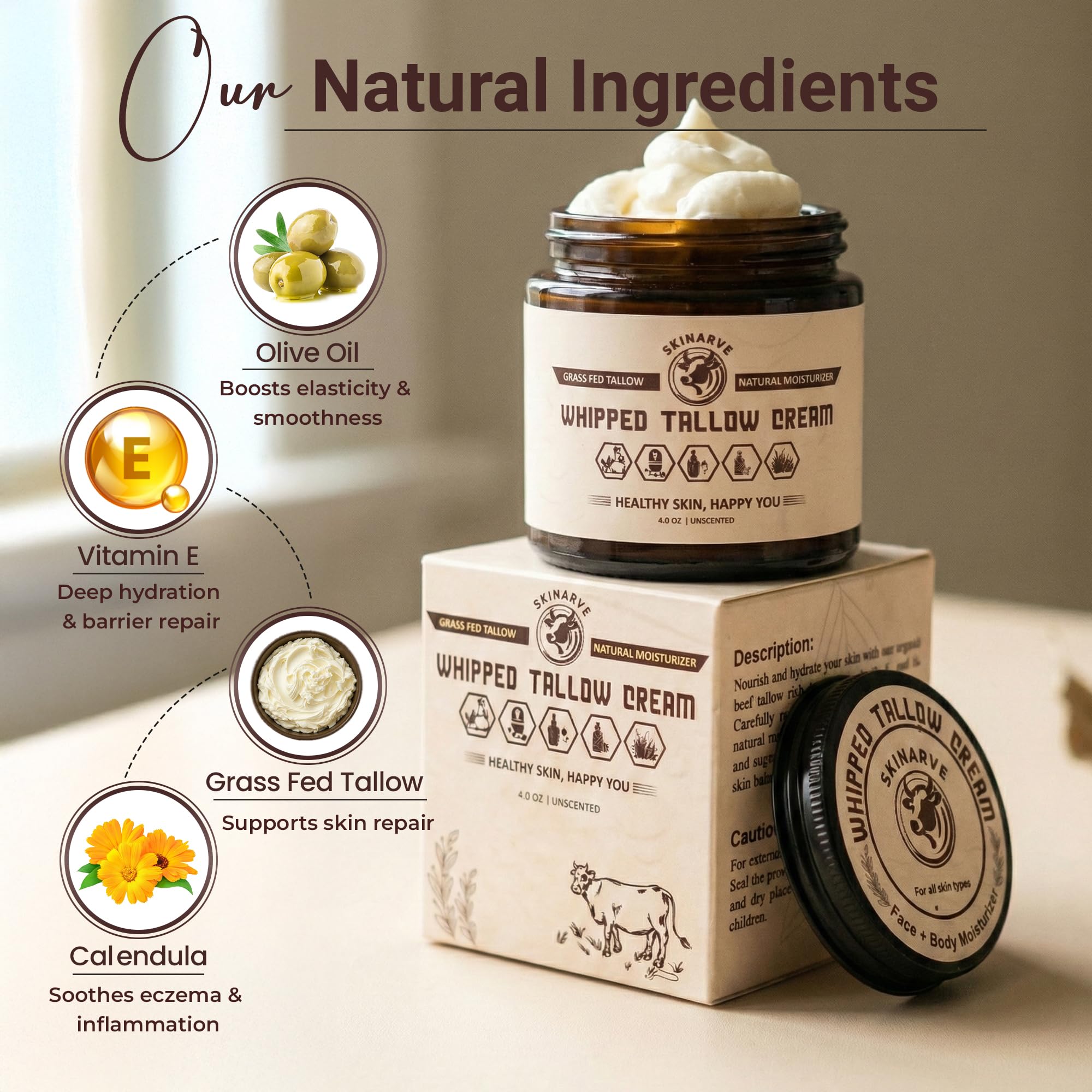 Beef Tallow for Skin 4oz Cream Organic Whipped Tallow and - SKINARVE Official Imagery - 3
