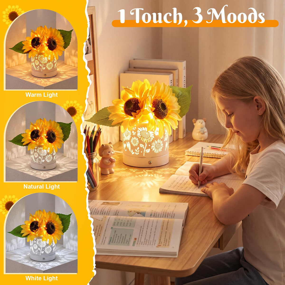 ACOCO Sunflower Lamp Rechargeable Cordless Touch Lamp with 3 - ACOCO Official Imagery - 5