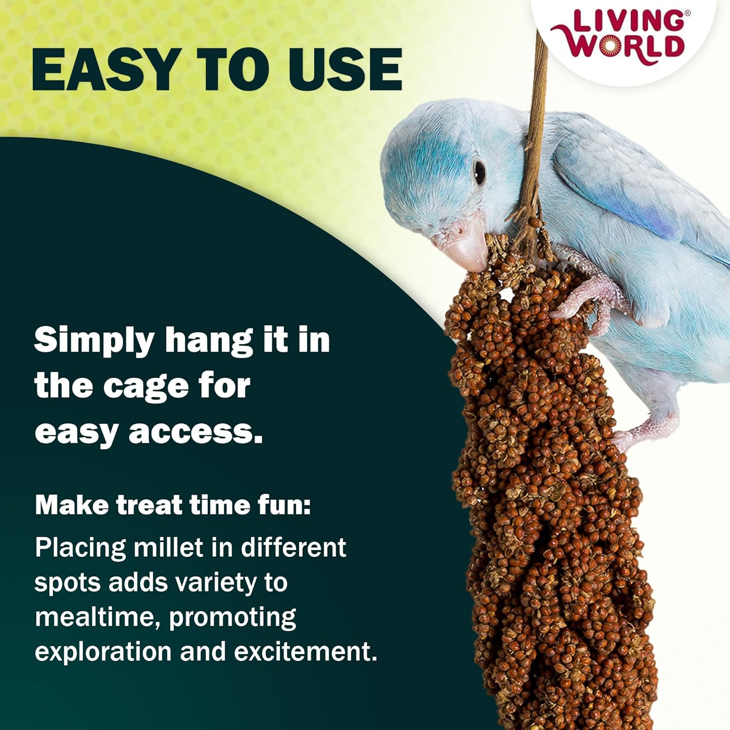 Living World millet spray for pet birds like budgies, canaries, and finches, in a 7 oz package, natural bird treat.