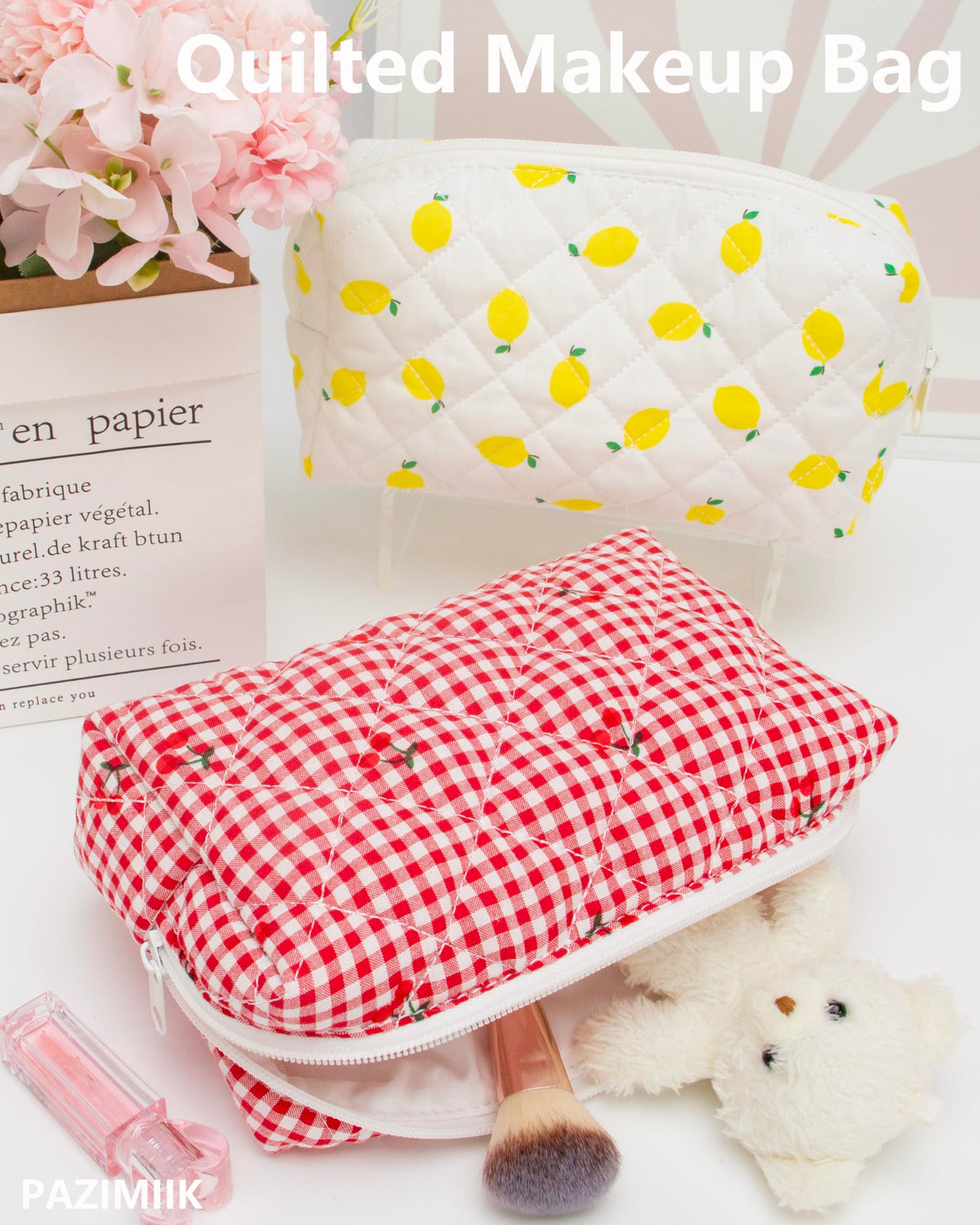 Small Quilted Makeup Bag Zipper Cosmetic Pouch Gingham Red - PAZIMIIK Official Imagery - 7