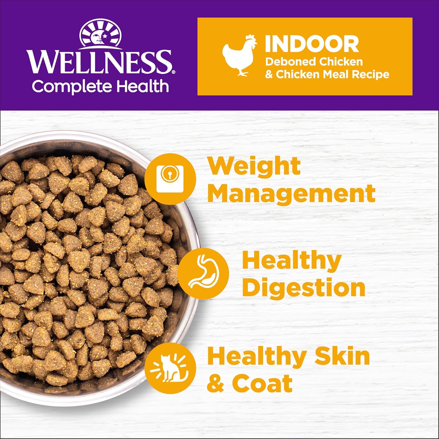 Wellness Complete Health adult dry cat food bag with grain-free chicken and chicken meal for indoor cats, 5.5 pounds