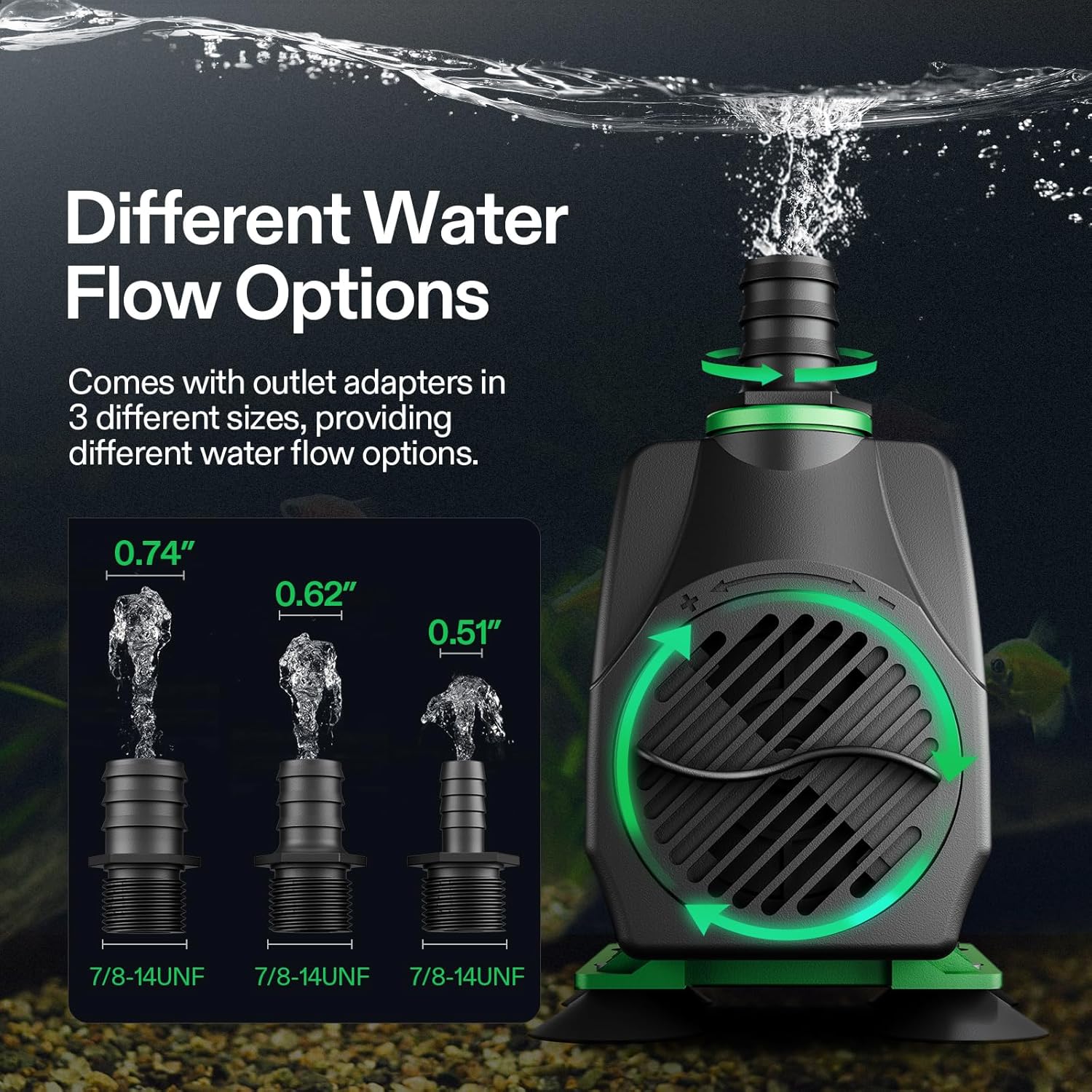 VIVOSUN 800GPH submersible water pump for fountains, 3000L/h flow rate, 24W, ultra quiet operation, suitable for aquatic features