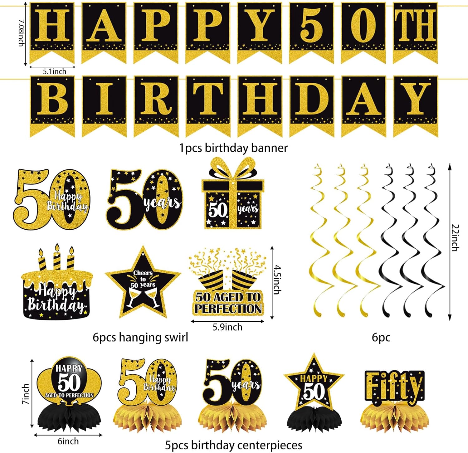 Black and gold 50th birthday decorations by Trgowaul, including 22 festive party items for men and women.