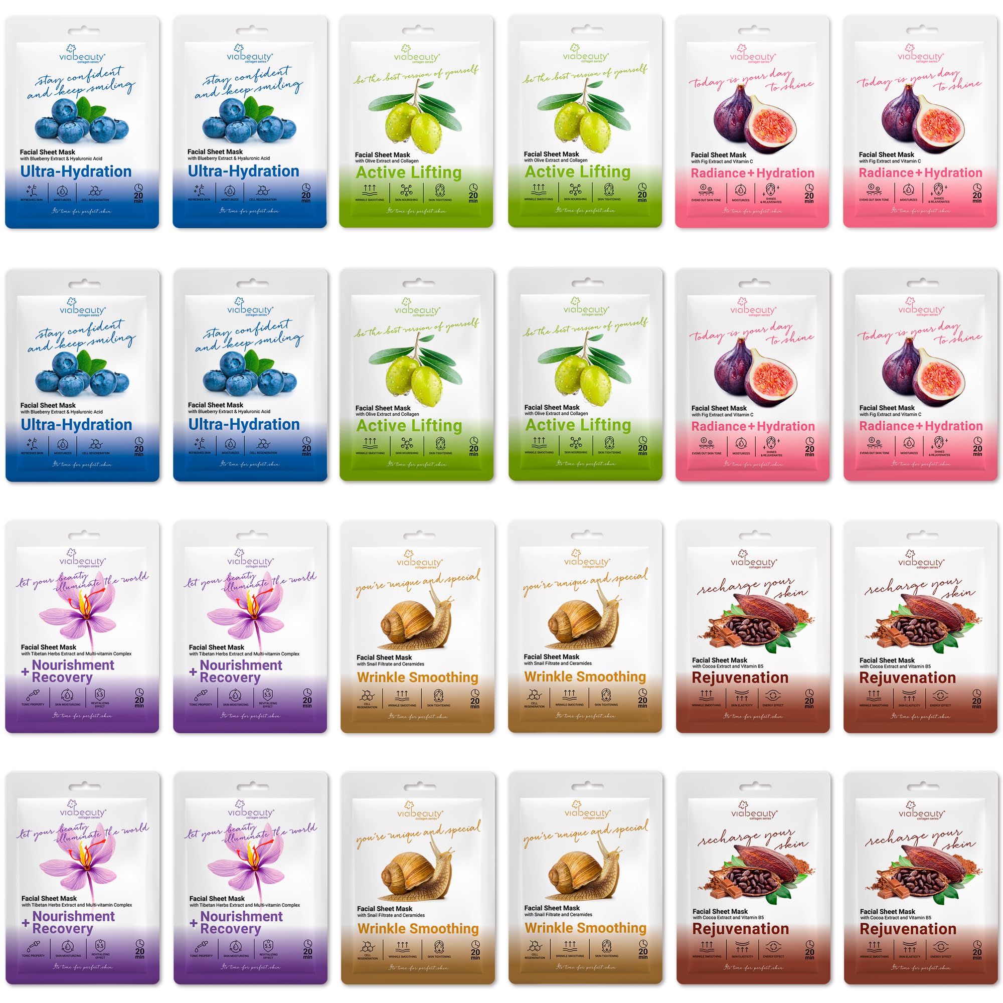 VIABEAUTY 24 Pack of Collagen Face Mask with Ceramides - VIABEAUTY