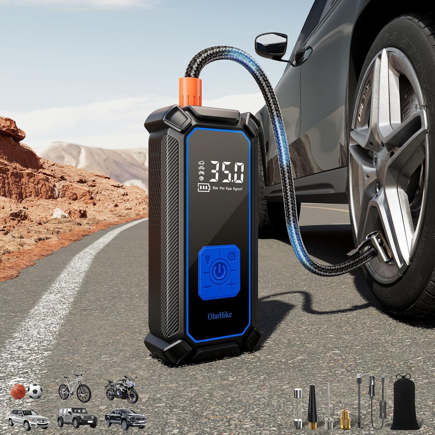 OlarHike cordless tire inflator portable air compressor with digital gauge, 150 PSI, dual power, 5400mAh battery, and 12V DC input.