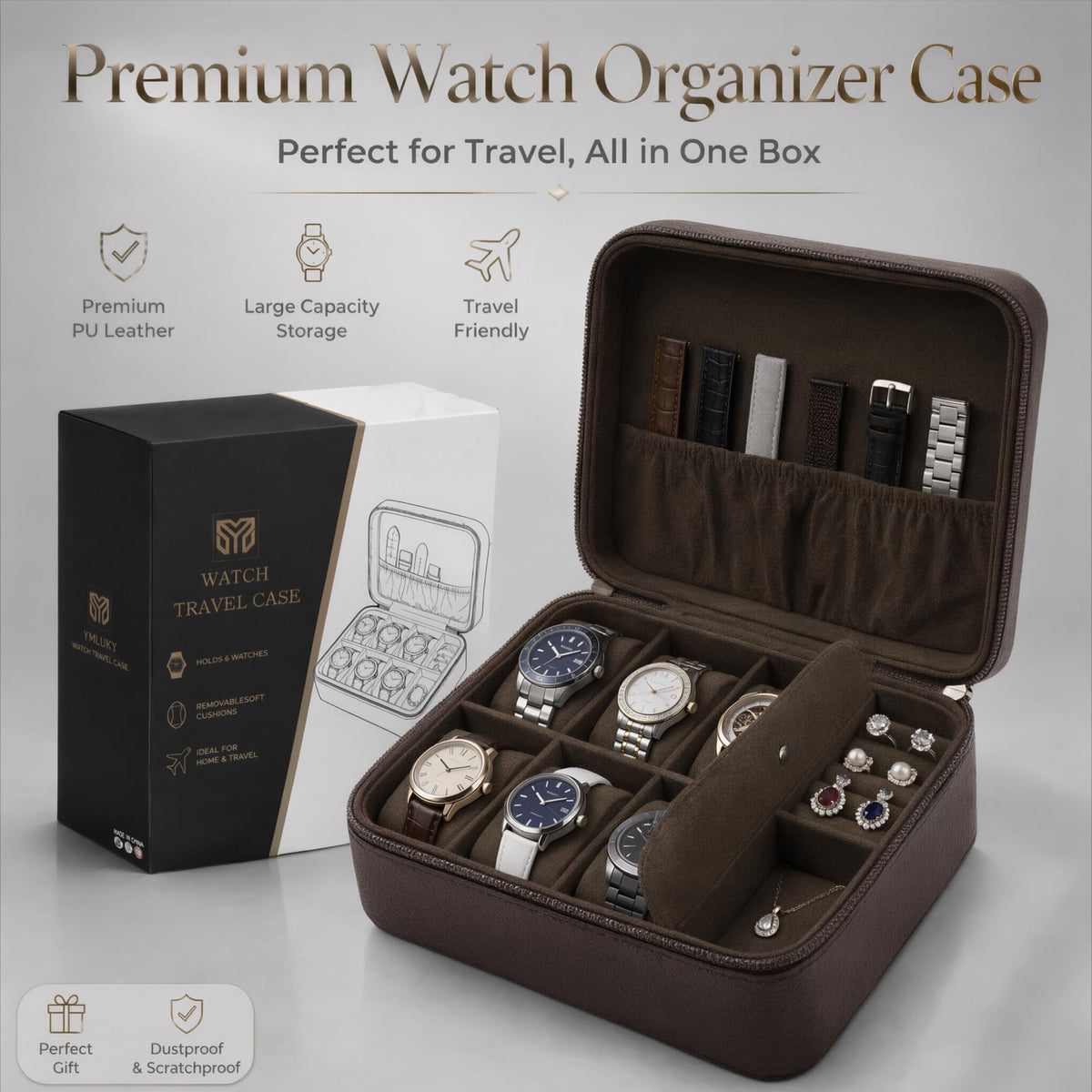 Watch Travel Case Holds 6 Watches Premium Dark Brown Leather - YMluky Official Imagery - 4