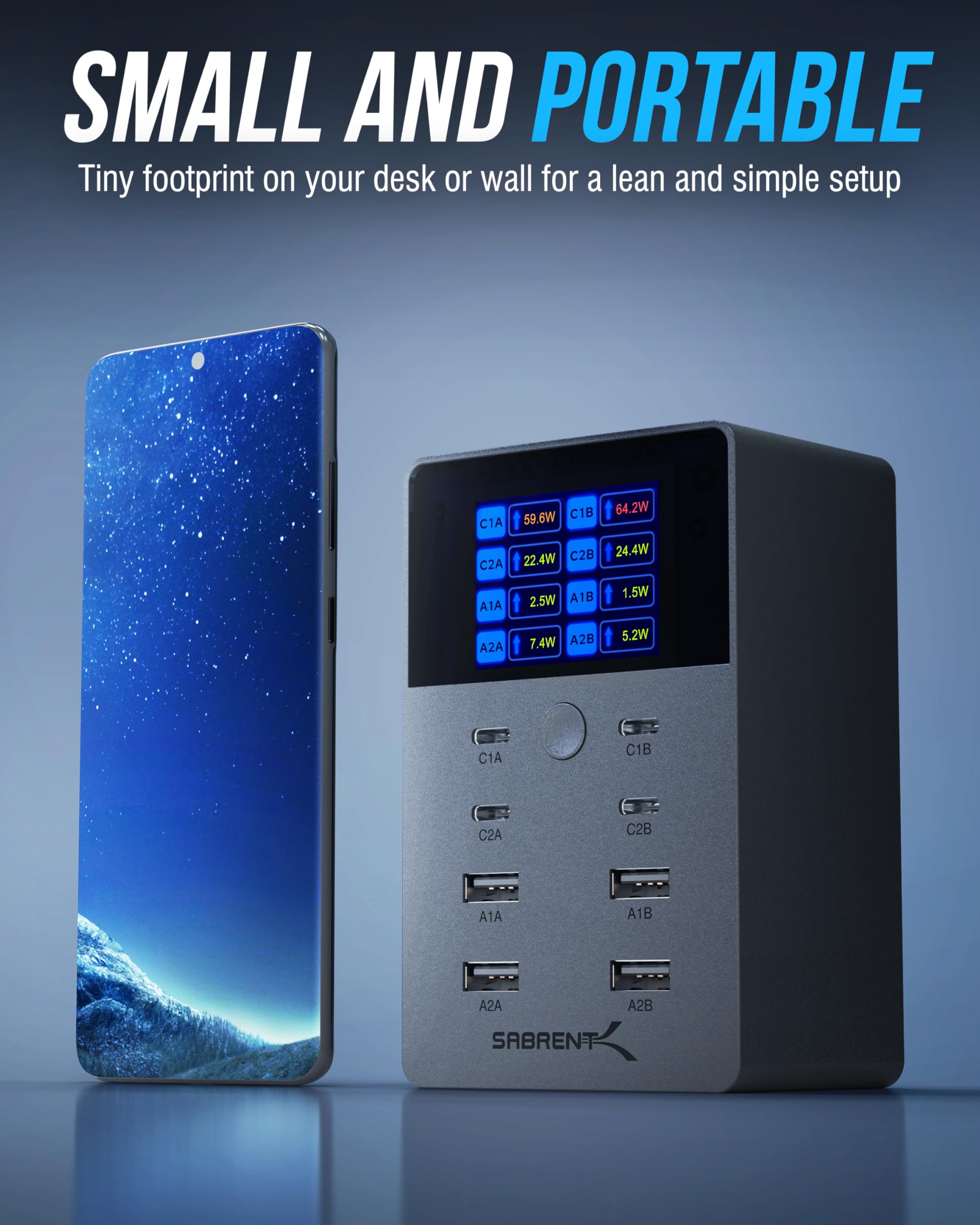 SABRENT VOLTIK Charging Station, 252W 8-Port USB C and USB A, LCD by SABRENT - Angle View 9