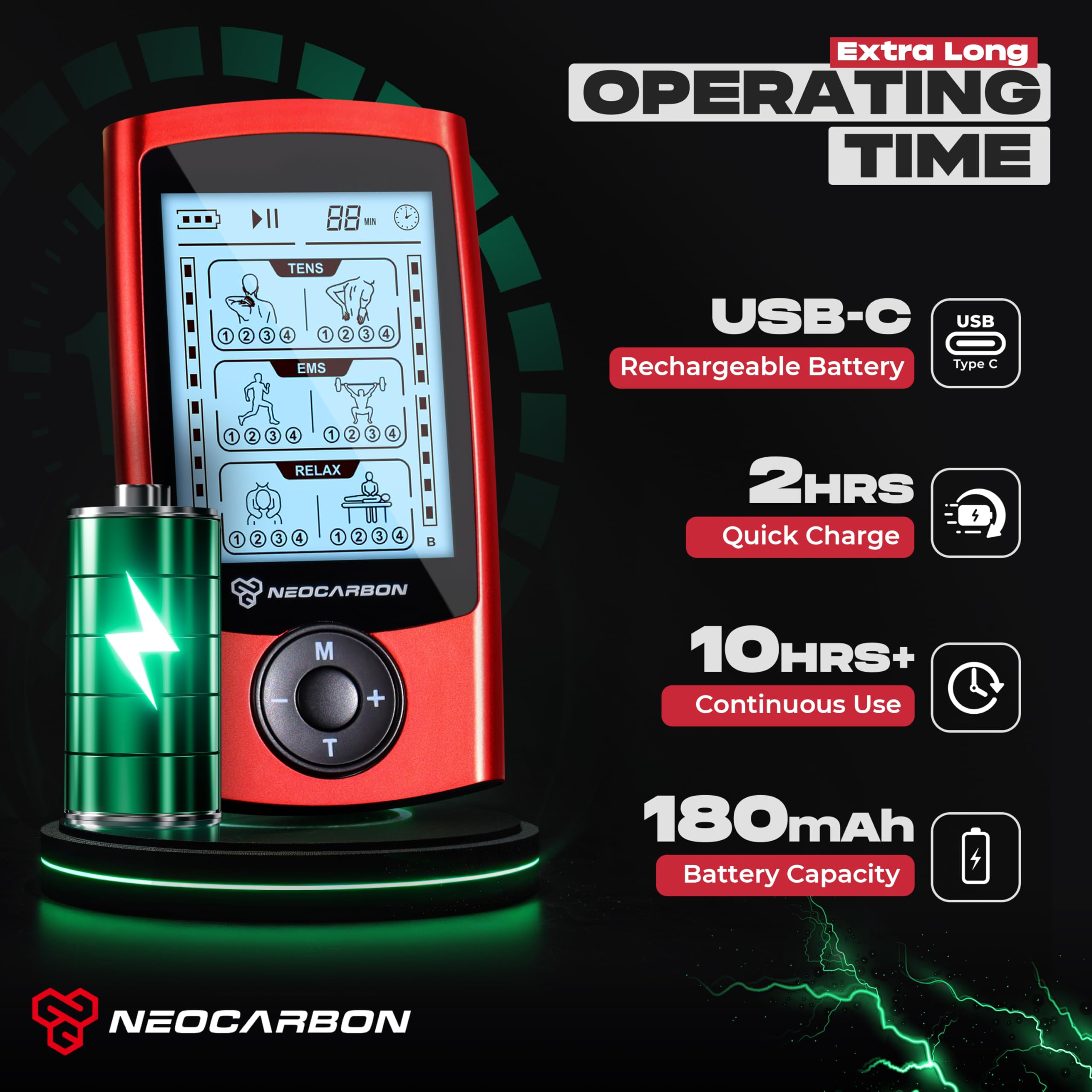Neocarbon TENS Unit Muscle Stimulator – Red (24 Modes)