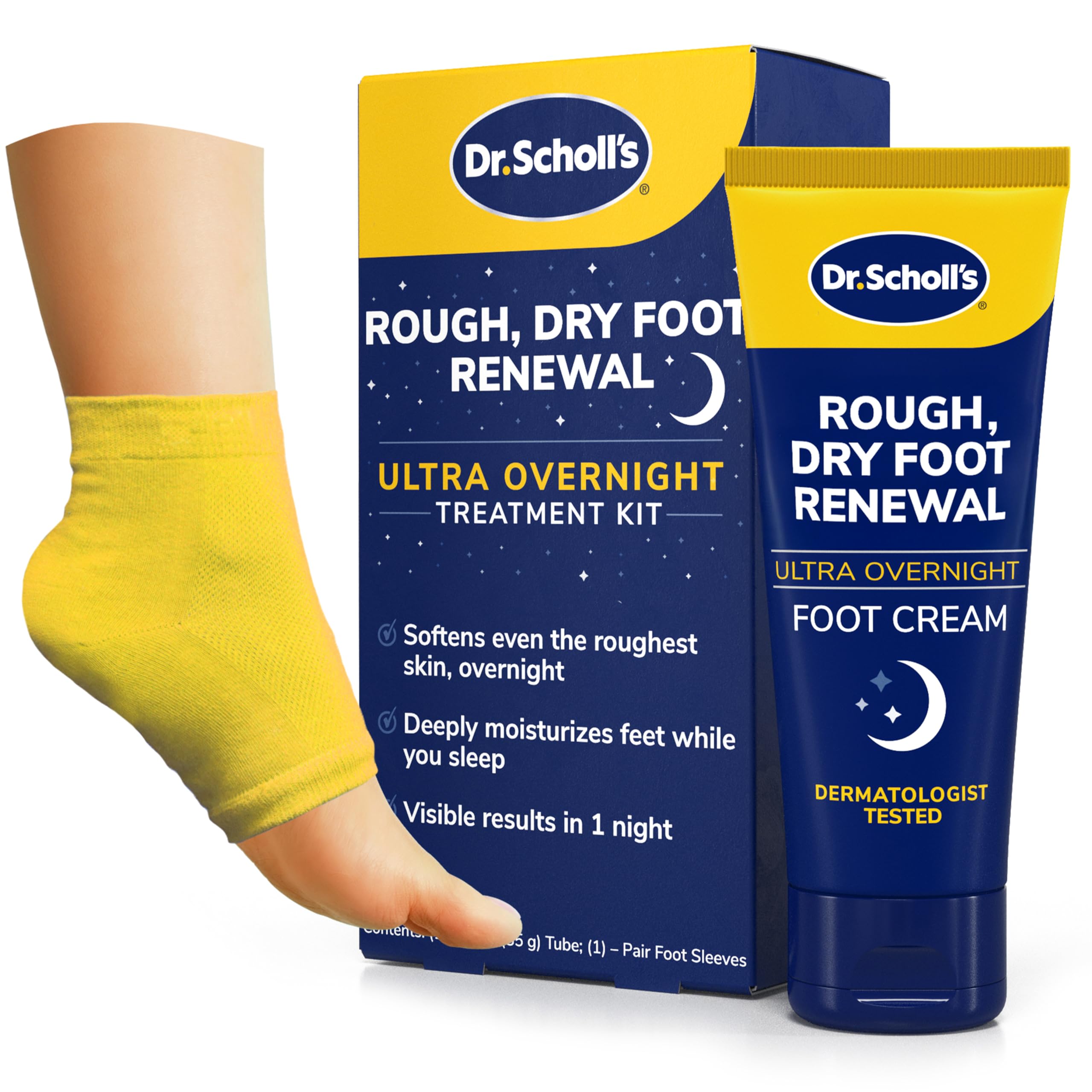 Dr. Scholl's Foot Renewal Overnight Kit with moisturizing cream and soft socks for exfoliating and hydrating dry feet.