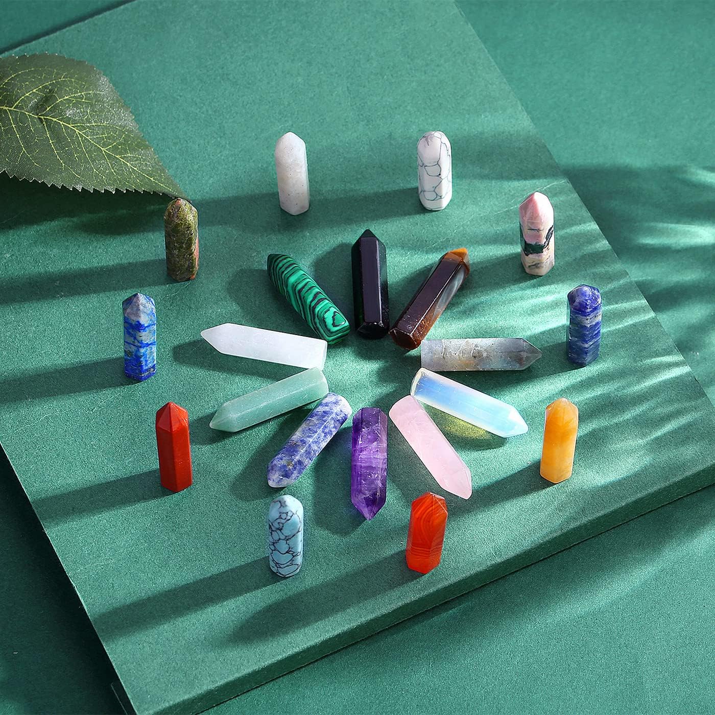 Set of 20 natural healing crystal stones including amethyst and rose quartz wands from QINJIEJIE, displayed in a bulk crystal collection.