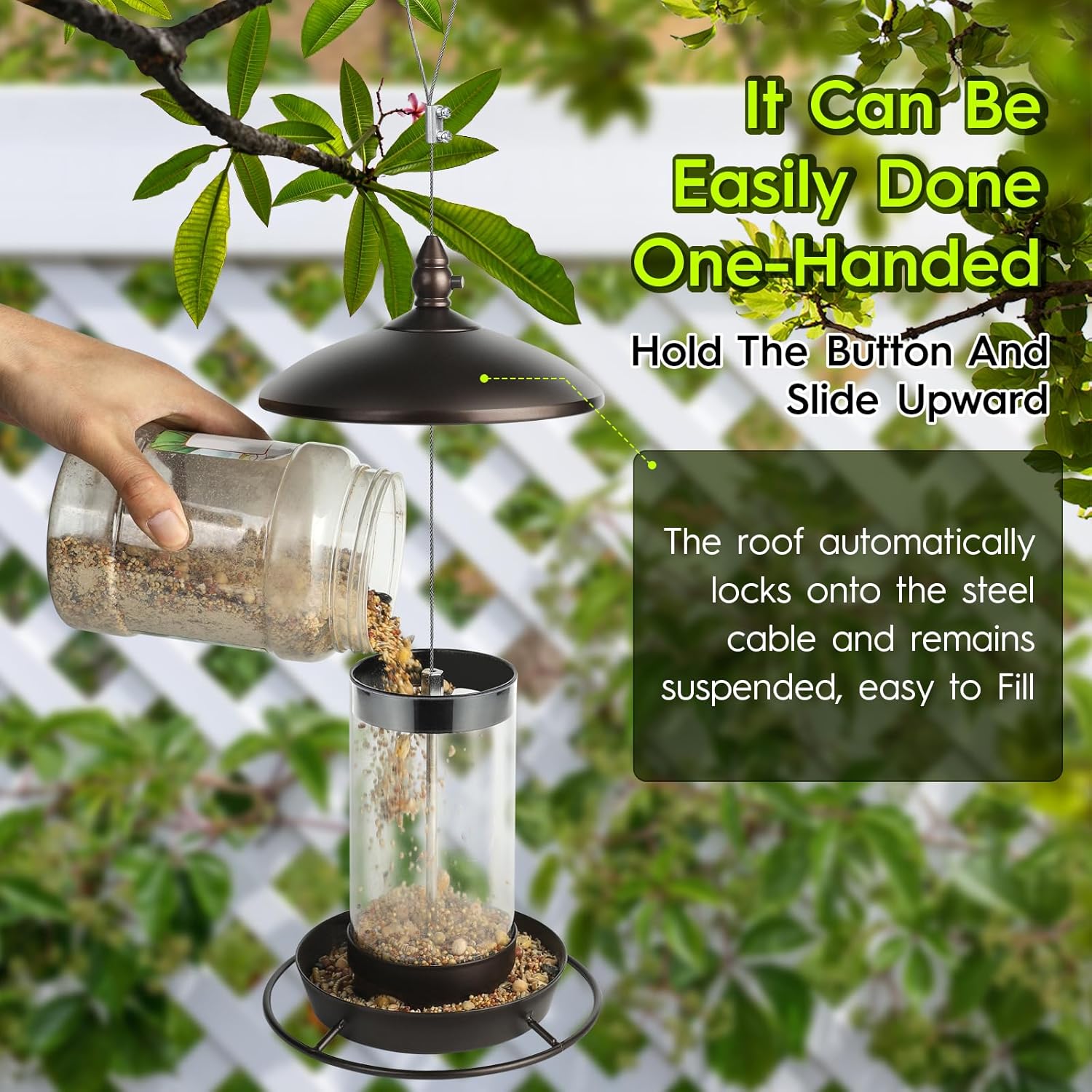 Bronze metal roof bird feeder by Youvip, chew-proof outdoor hanging feeder for wild bird seeds, durable and weather-resistant design.