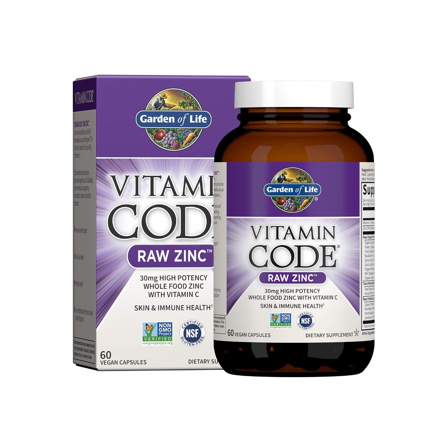 Garden of Life Zinc supplement bottle with 30mg high potency raw zinc tablets and natural supplement label.