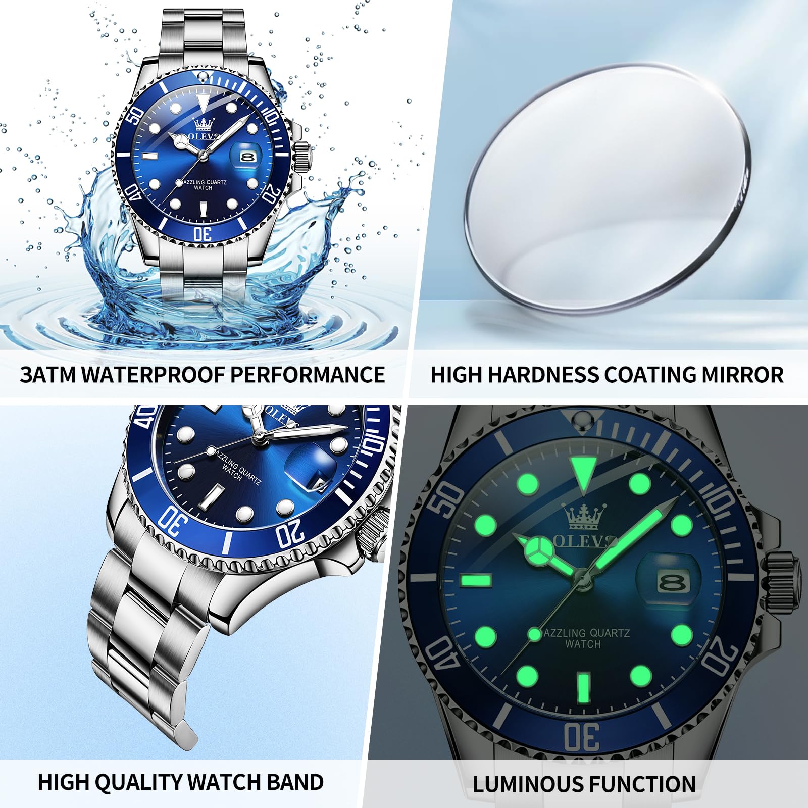 OLEVS Men's Silver & Blue Ocean Dial Dress Watch Quartz Date