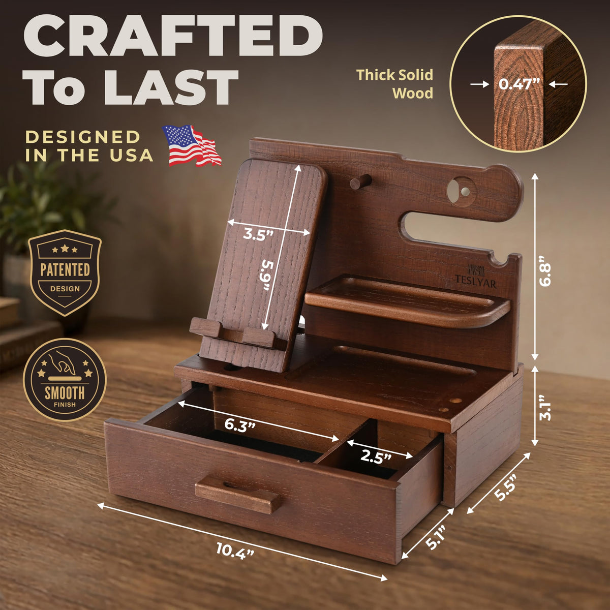 TESLYAR Wood Phone Docking Station with Drawer - TESLYAR Official Imagery - 6