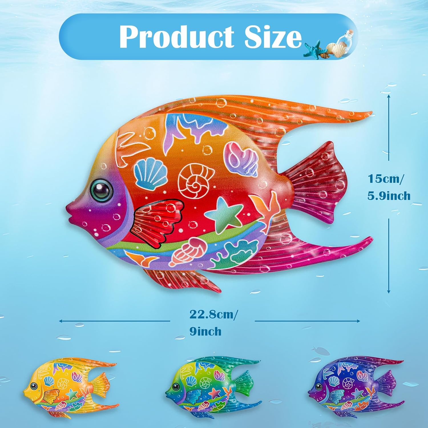 SUNREEK 9-inch metal fish wall art with four coastal nautical fish designs, perfect for outdoor ocean pool decor.
