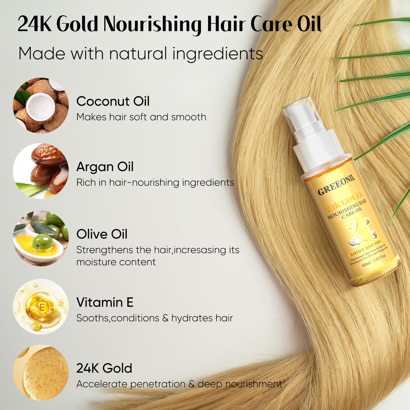 GREEONIL 24K Gold Argan, Coconut, and Olive Oil Serum for Frizz Control, Shine, - GREEONIL Official Product View 3