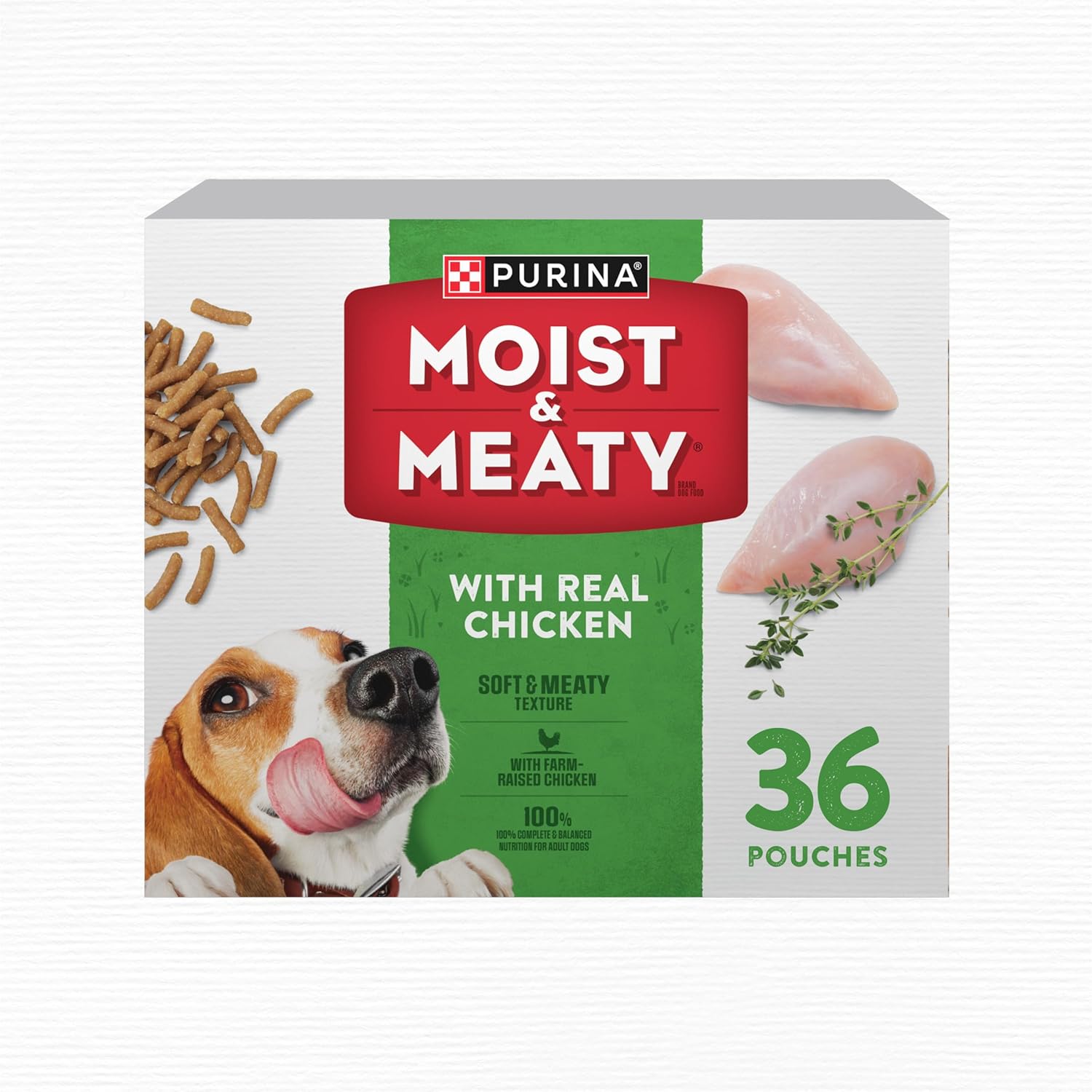 Purina Moist & Meaty soft dog food pouches with real chicken, 36-count box, showcasing the product packaging and pouch design.