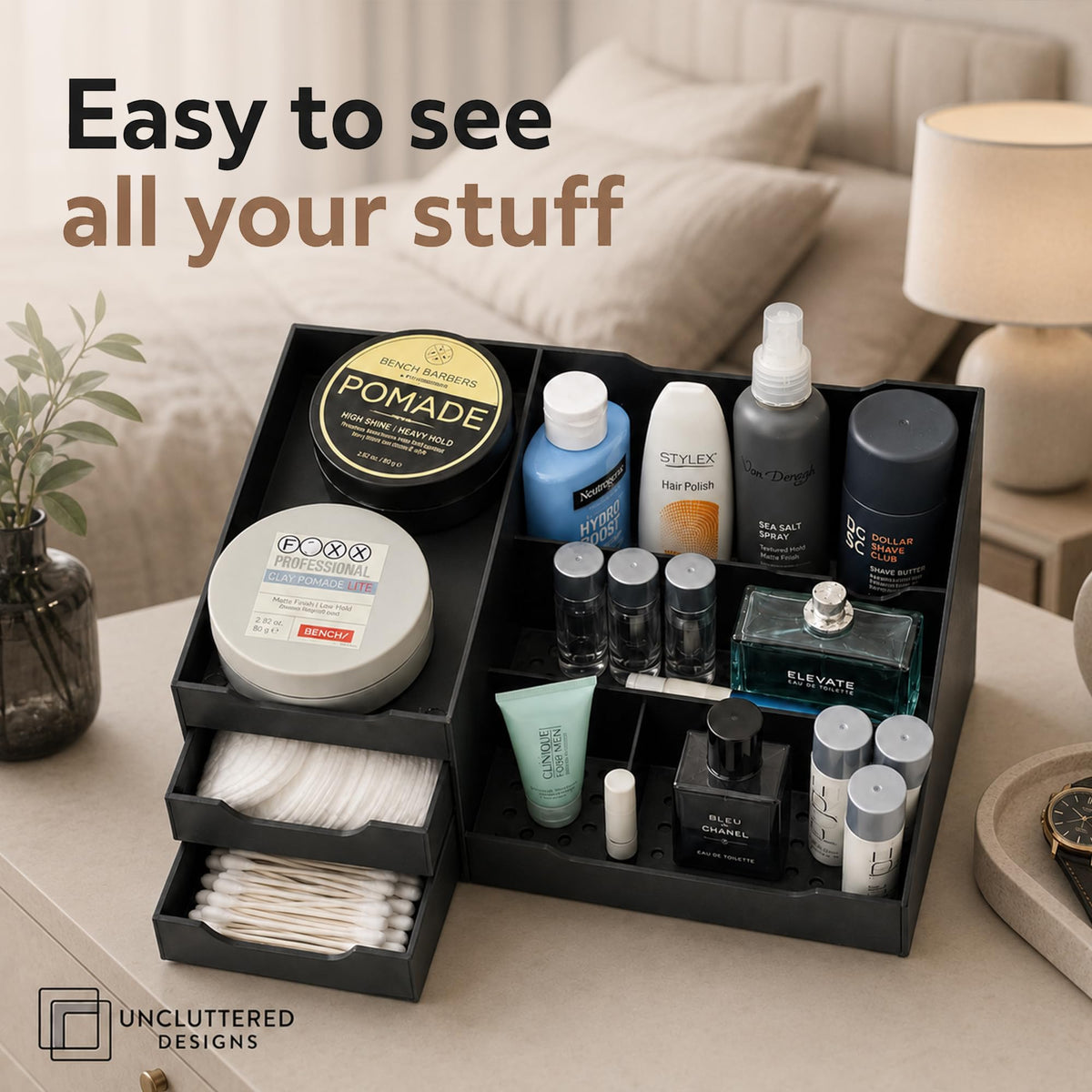 Mens Cologne Organizer for Dresser Black Countertop - Uncluttered Designs Official Imagery - 7