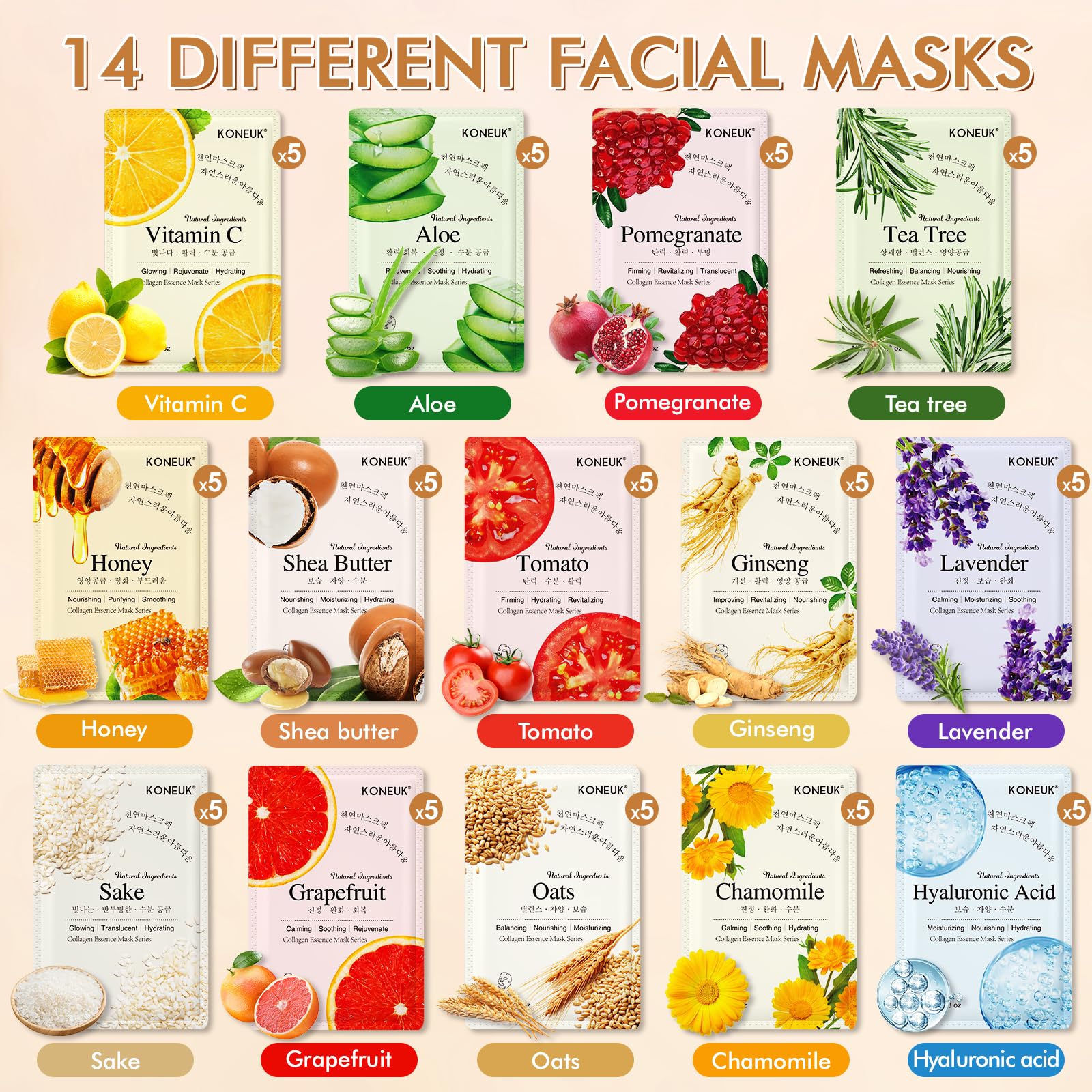 70 Pack Sheet Face Masks Skincare Hydrating Facial Mask for - KONEUK Official Imagery - 4