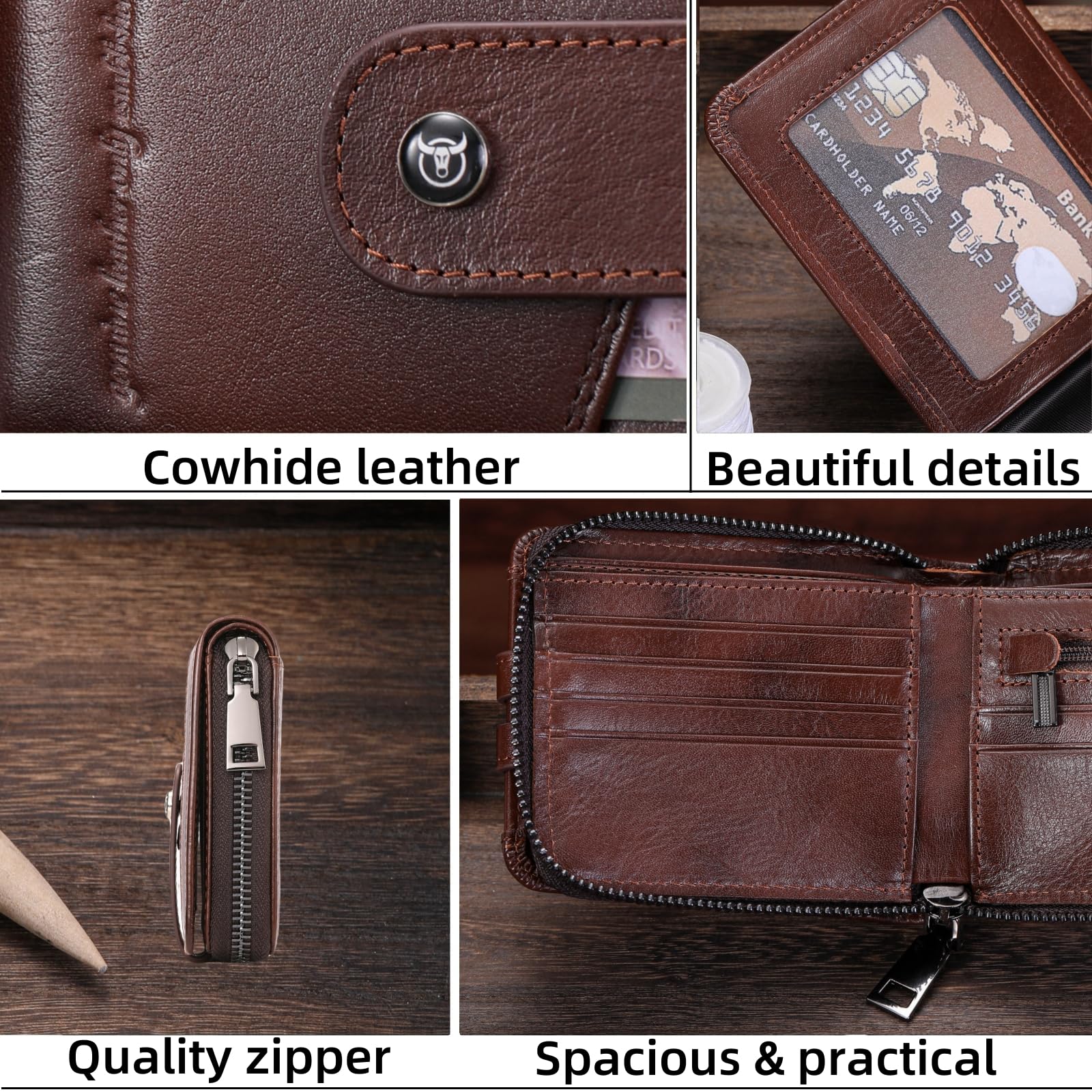 BULLCAPTAIN Leather Zipper Wallet for Men – RFID Blocking