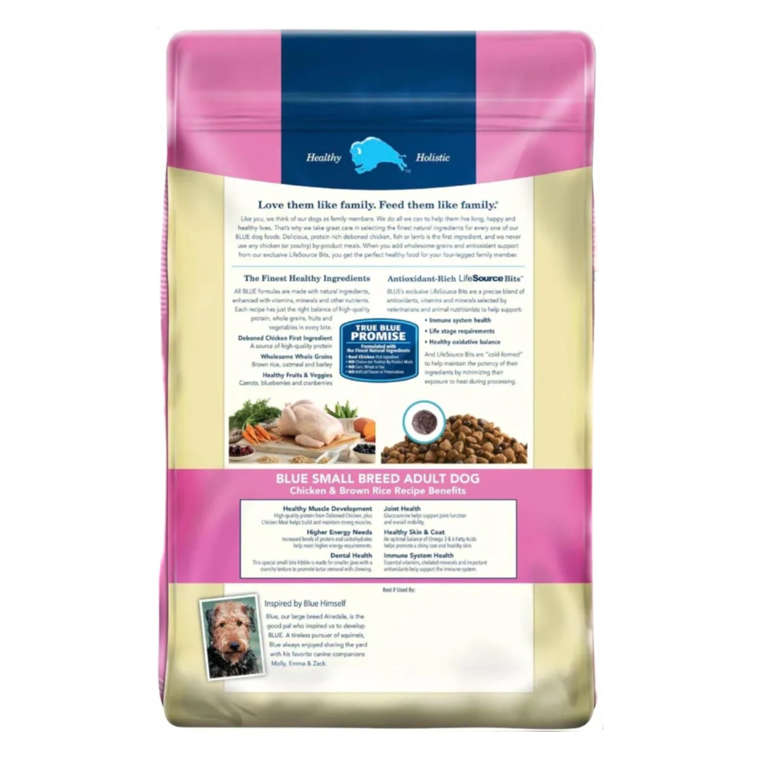 Blue Buffalo Life Protection Formula small breed adult dry dog food bag with blue and white packaging and images of small dogs.