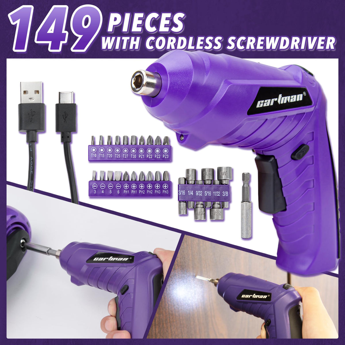 CARTMAN 149PCS Tool Set Purple Cordless Screwdriver Home - CARTMAN Official Imagery - 7