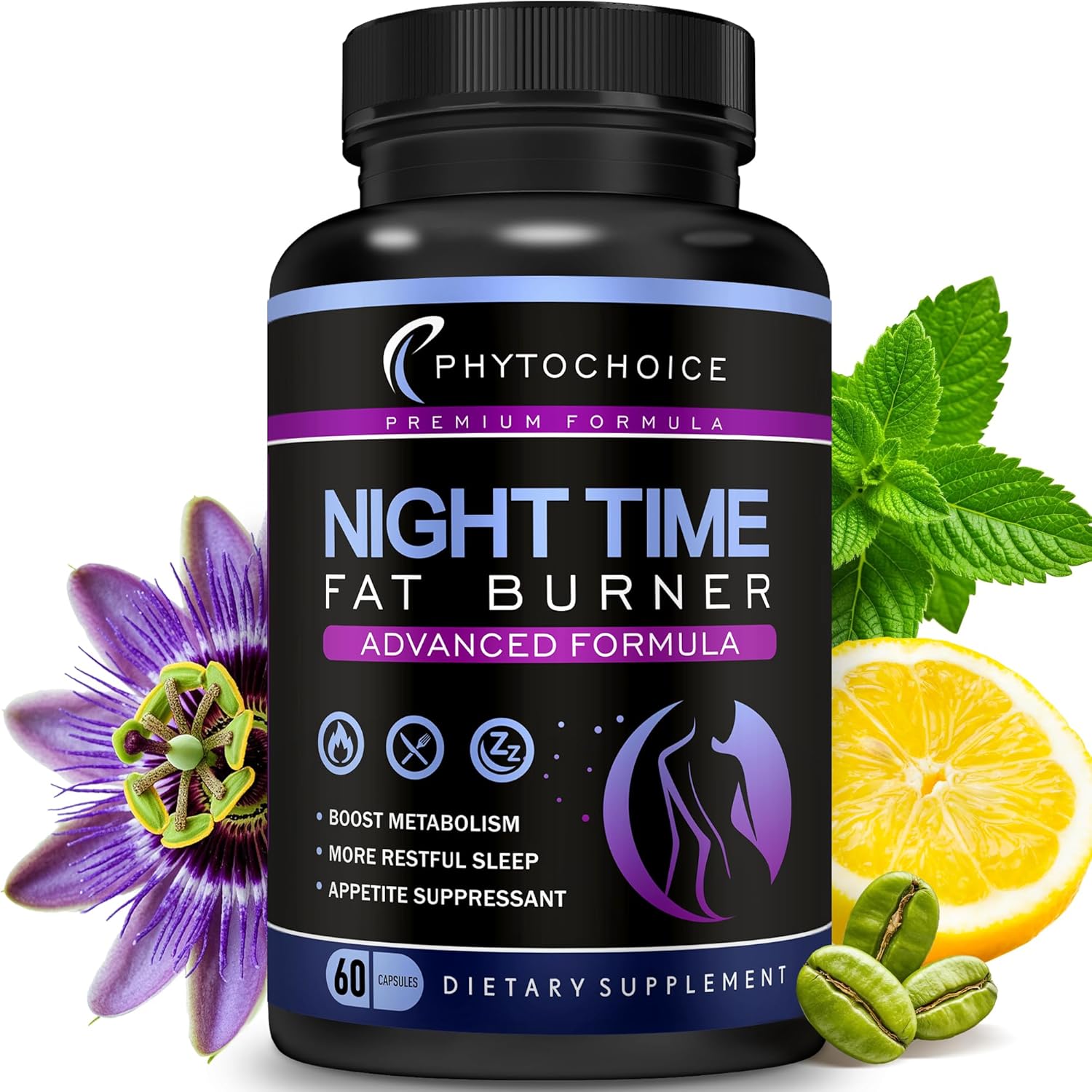 Night Time Fat Burner diet pills by PHYTOCHOICE, magnesium melatonin, 60 capsules for women and men, sleep aid and weight loss.