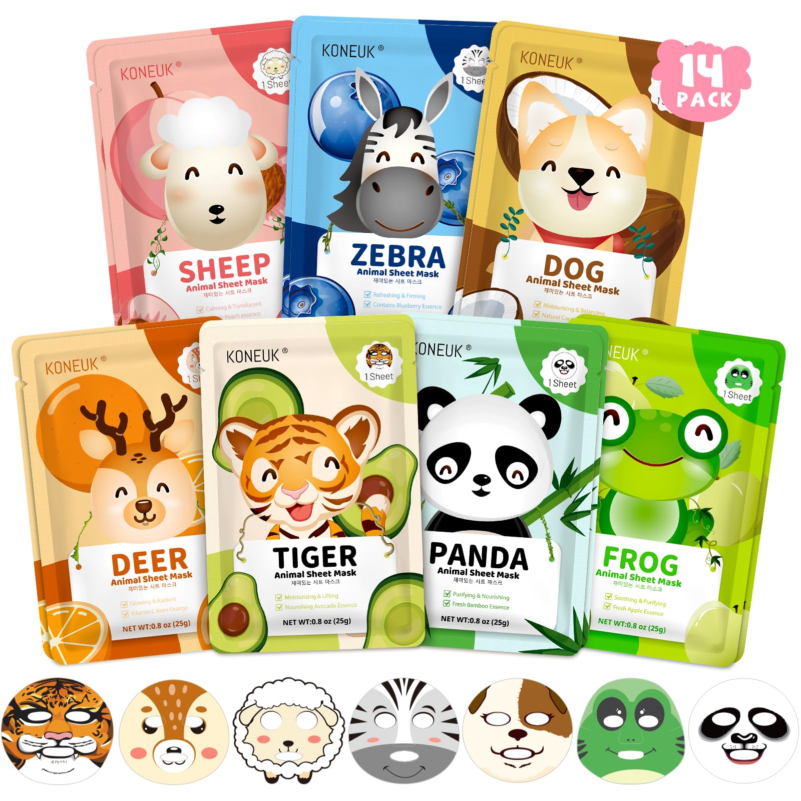 KONEUK 14 Pack Kids Face Mask Set, Cute Animal Face Masks - Product Imagery