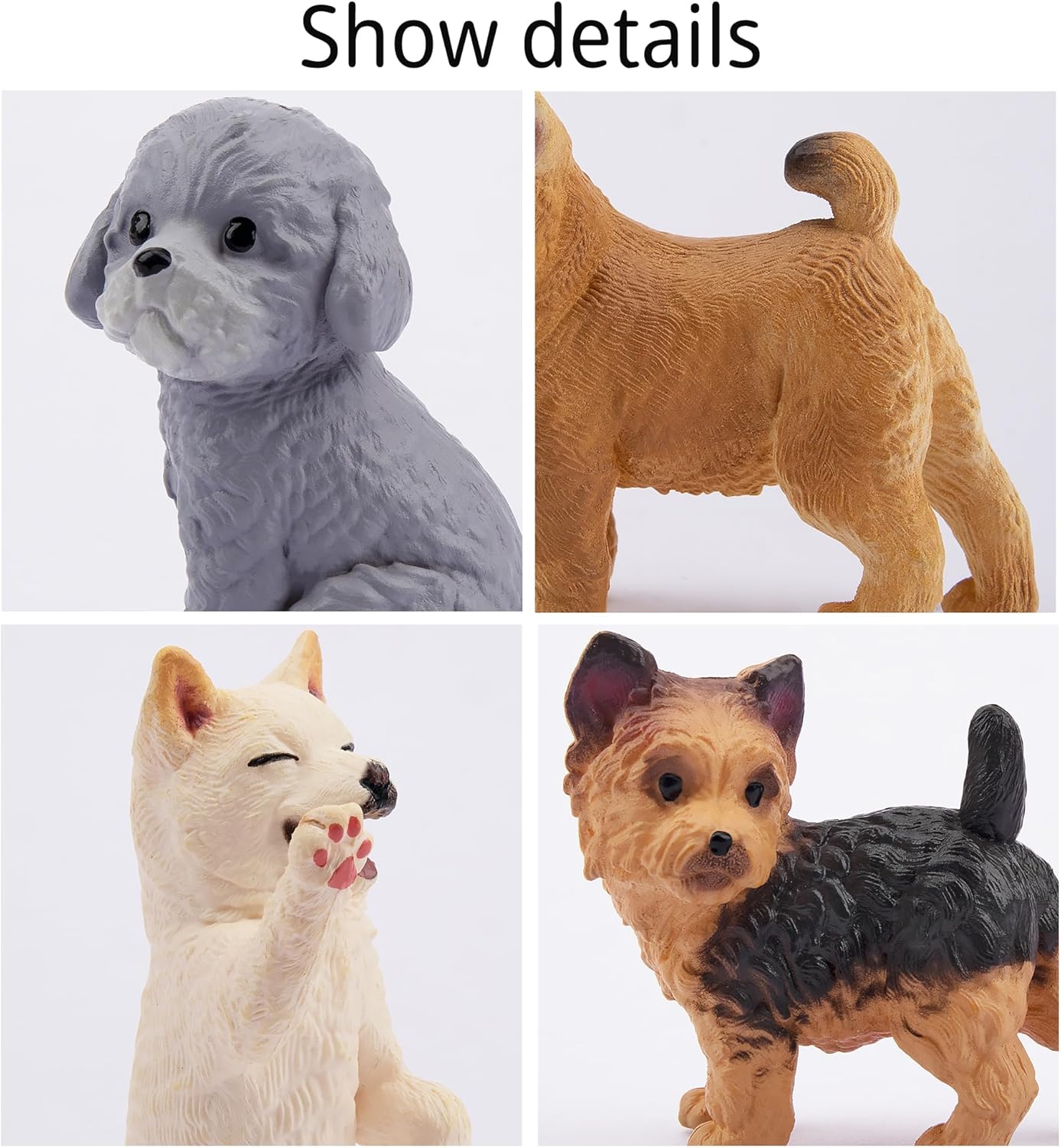 Set of 12 EYSCOTA realistic plastic dog figurines, hand-painted puppy emulational sculptures for display or collection.