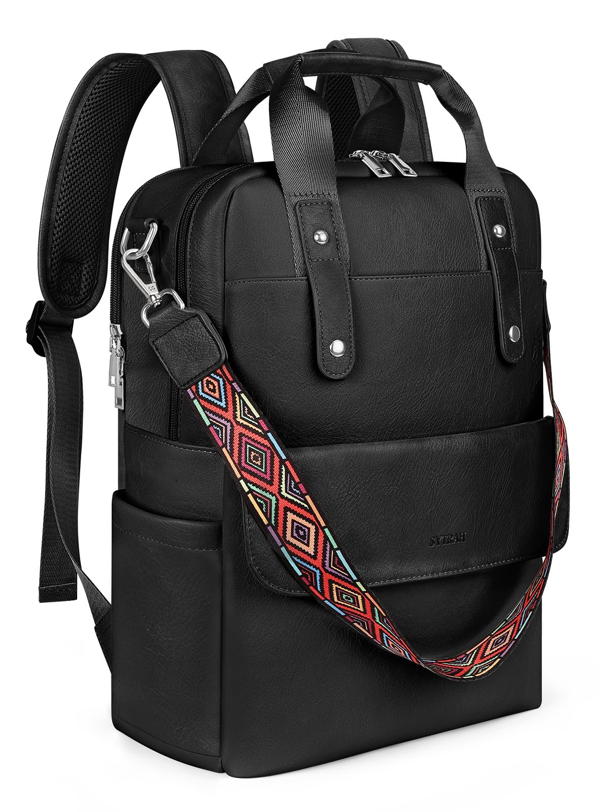 SYTRAH leather laptop backpack for women with a 15.6-inch compartment, featuring stylish design and multiple storage pockets.