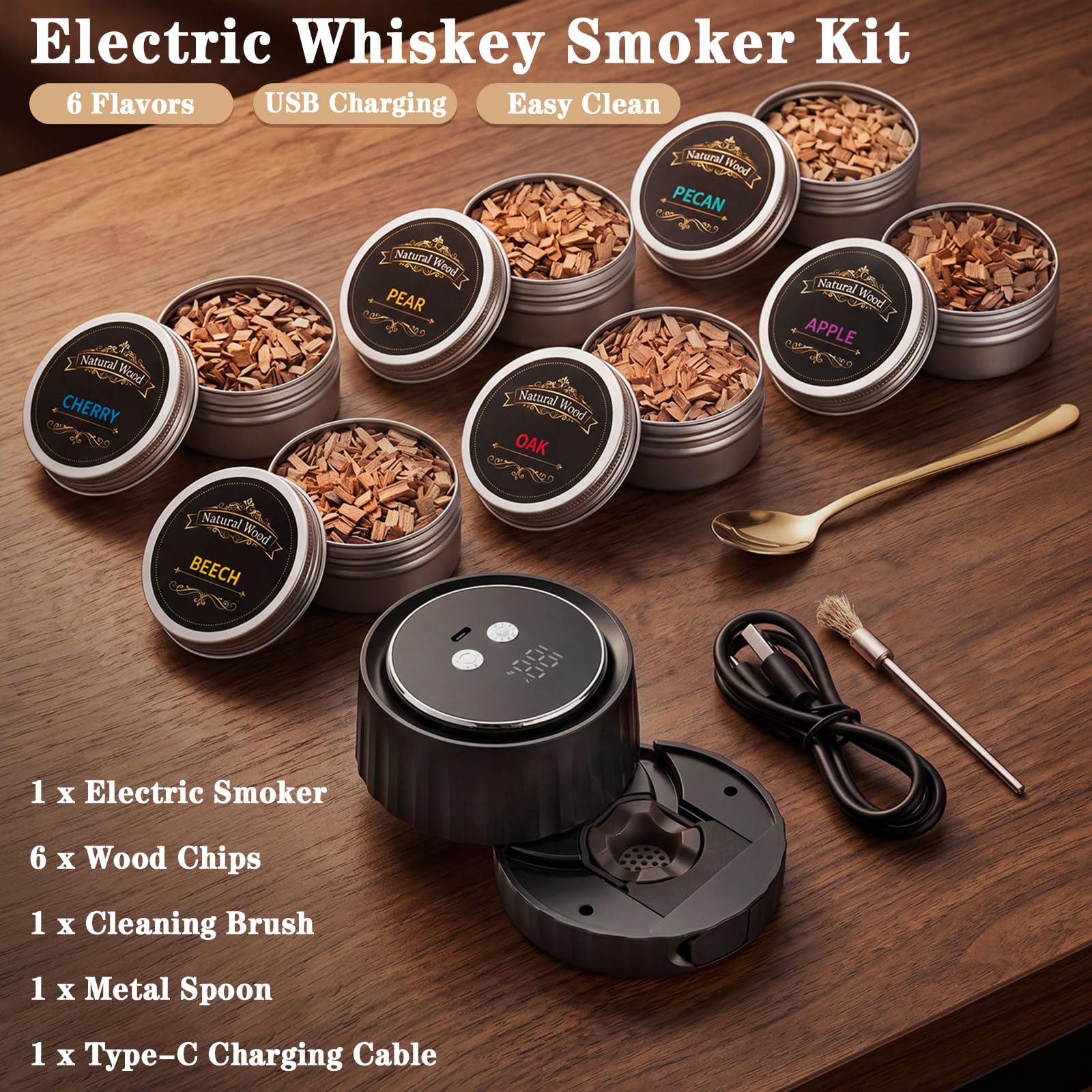 AOZUO Electric Whiskey Smoker Kit with 6 Wood Chips - Whisky Gift - AOZUO Official Product View 3