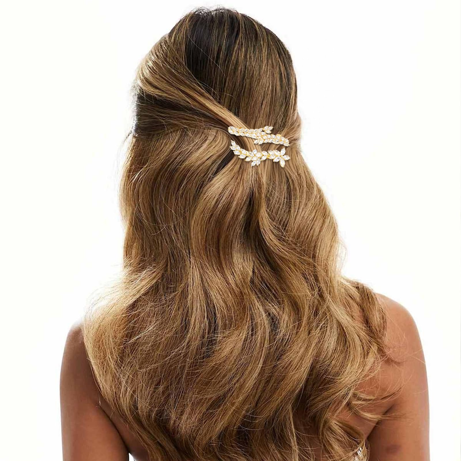 ANBALA gold rhinestone leaf hair clips for women, perfect for wedding hairstyles, featuring elegant leaf design and sparkling rhinestones.