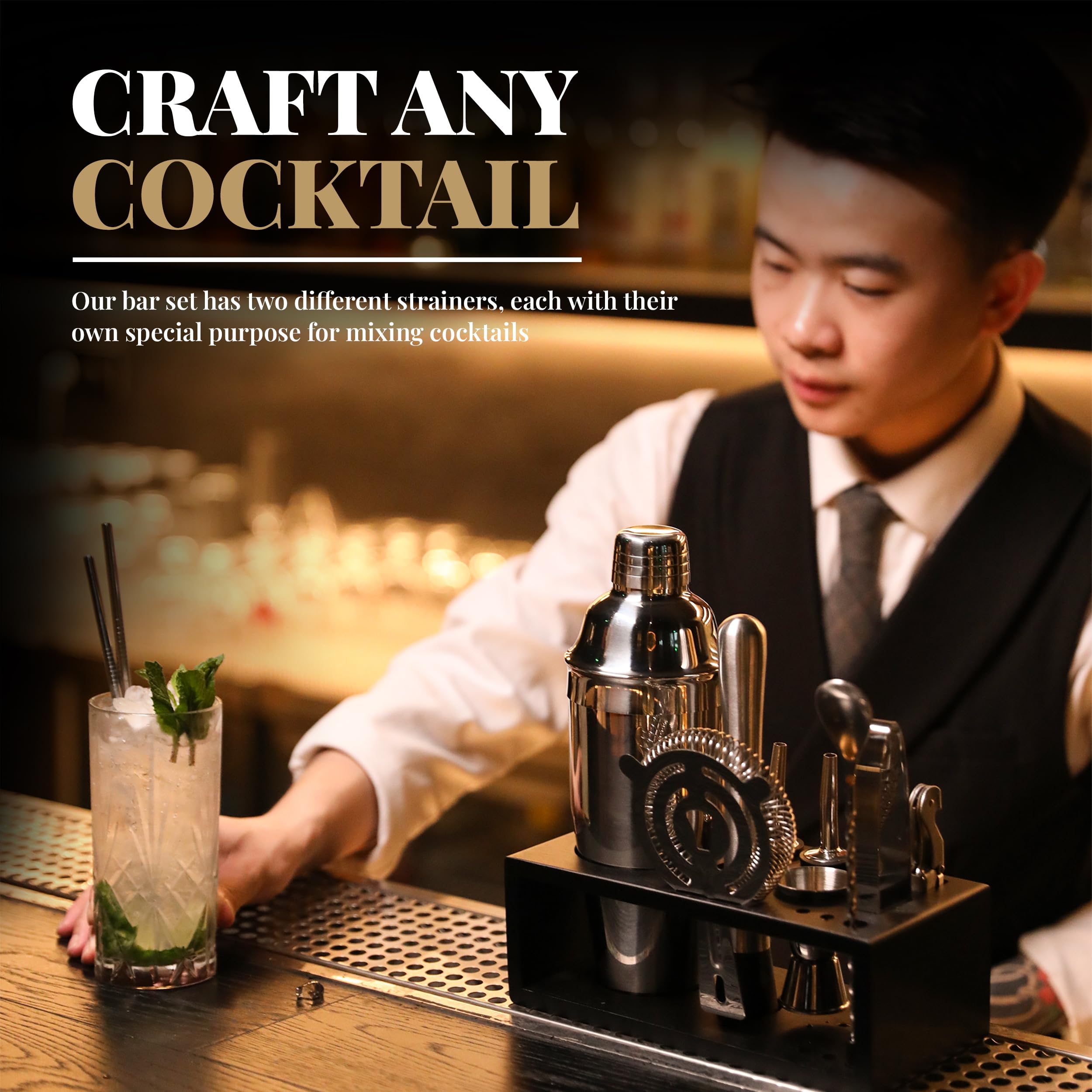 MixMate Mixology Bartender Kit with Stand - 15 Piece Bar Tool Set, Silver Bar Se - MixMate Official Product View 6