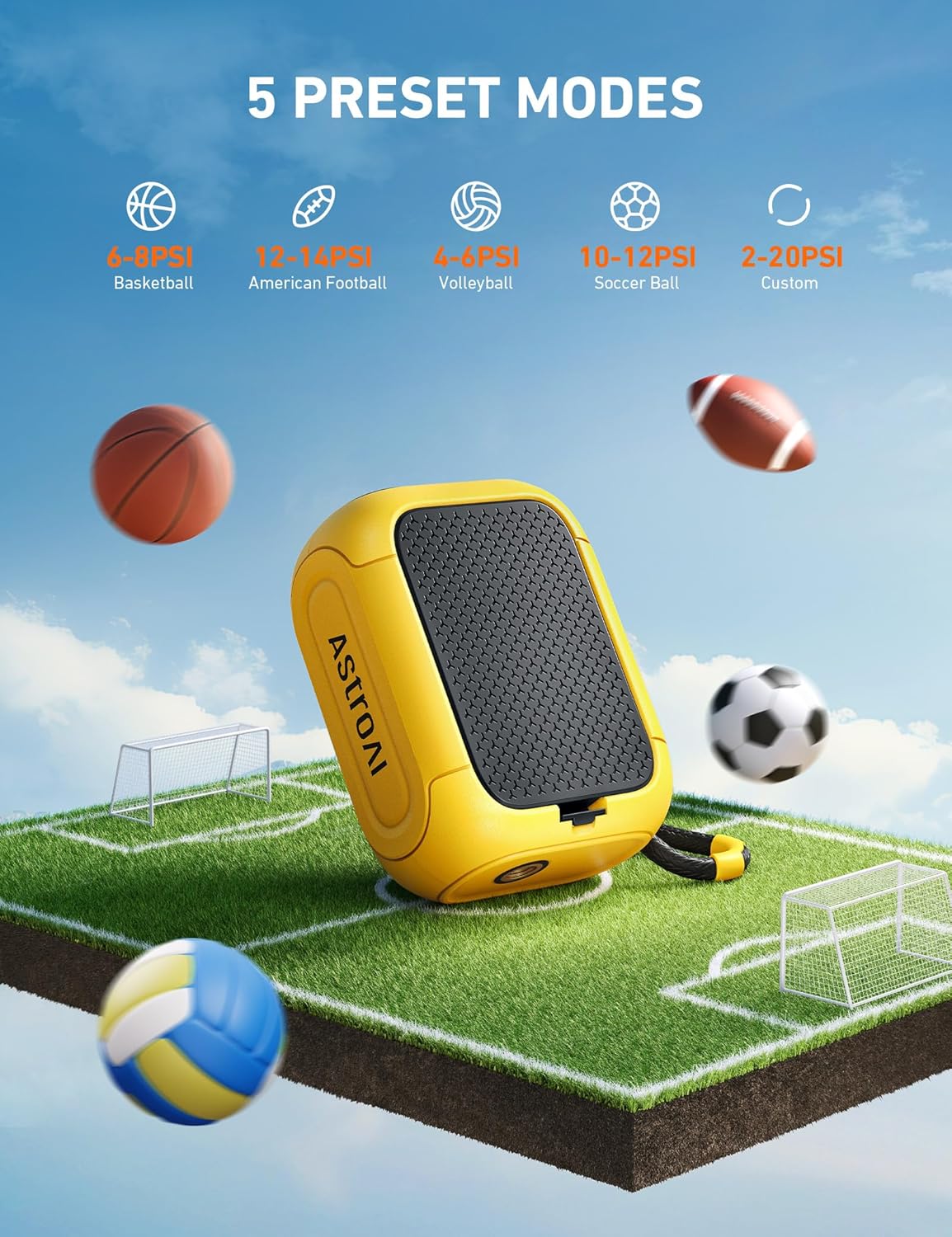 AstroAI portable electric ball pump with digital LCD display for fast inflation of sports balls and inflatables.