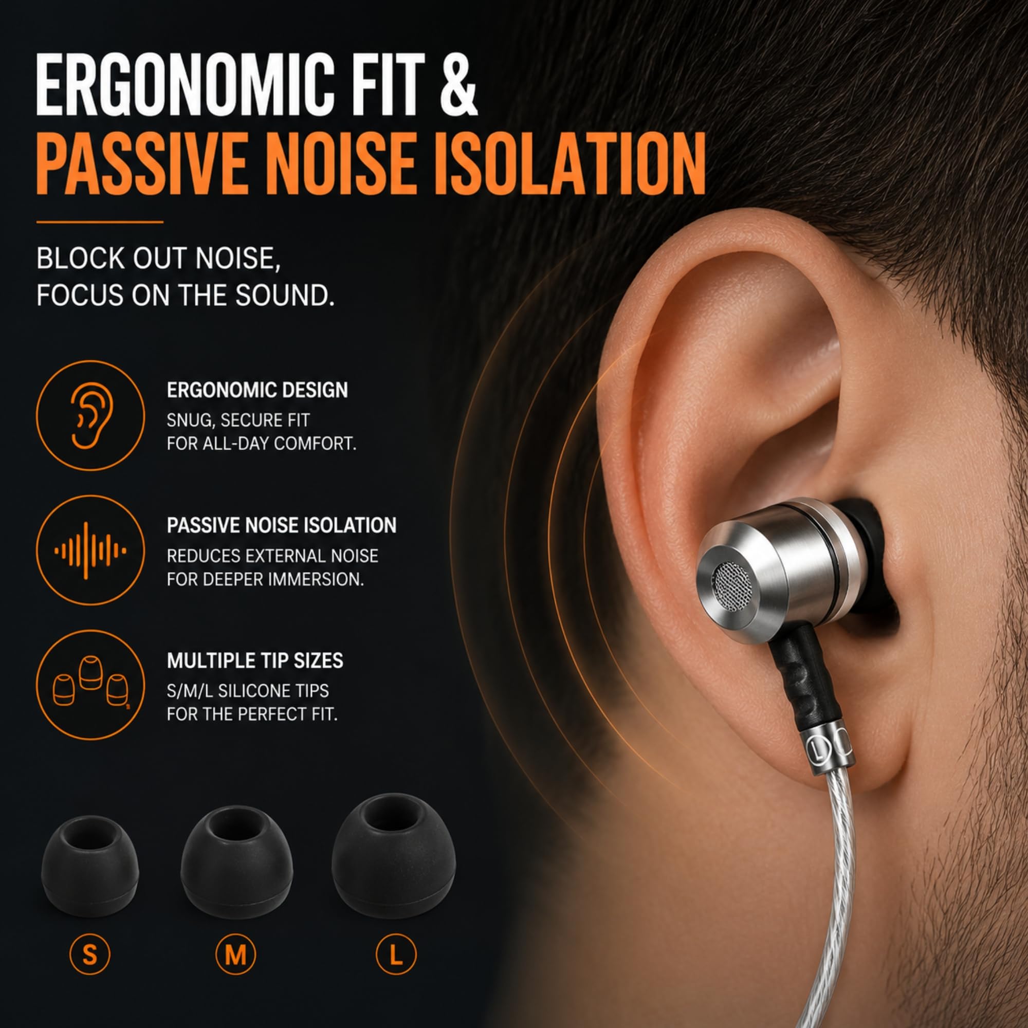 Sephia SP3060 wired in-ear headphones with black earbuds and inline microphone, designed for clear audio and comfortable fit.