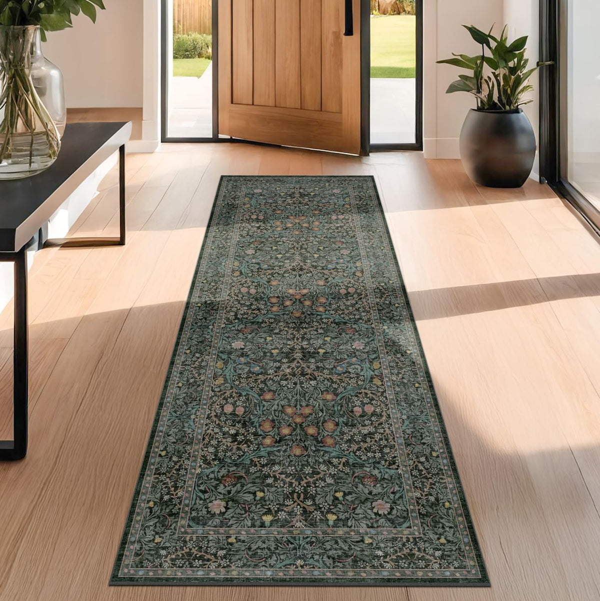 Vintage Floral Dark Green Washable Runner Rug 2x6 Non Slip - Hazo Haus Official Imagery - 7