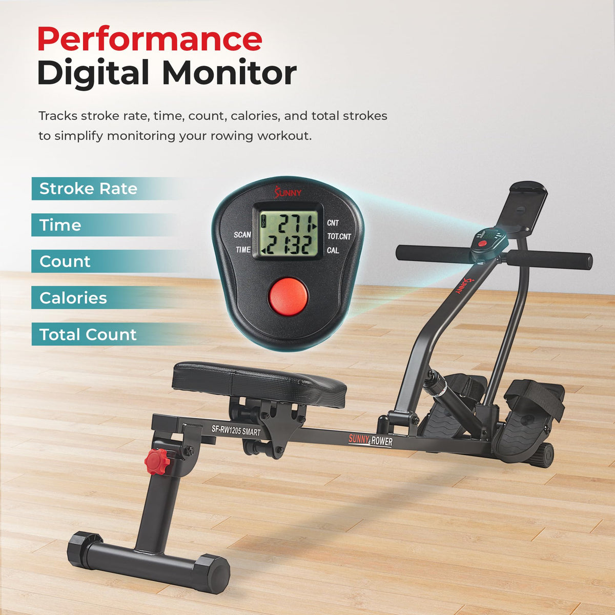 Sunny Health Fitness Compact Hydraulic Rower with 12 Level - Sunny Health & Fitness Official Imagery - 5