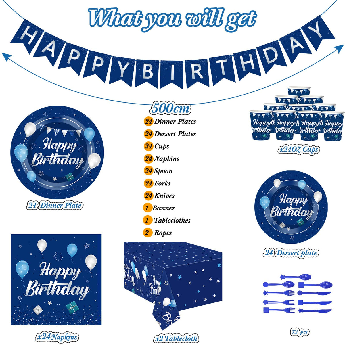 Blue and Silver Birthday Party Set Plates Napkins Cups for - Pajean Official Imagery - 5
