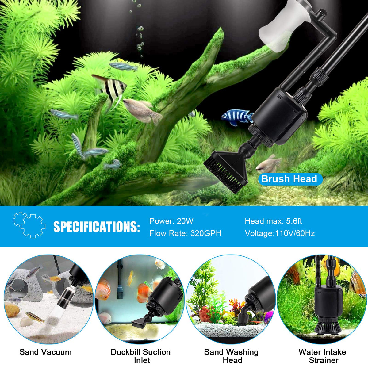 AQQA Aquarium Gravel Cleaner 6 in 1 Fish Tanks Gravel Vacuum - AQQA Official Imagery - 4