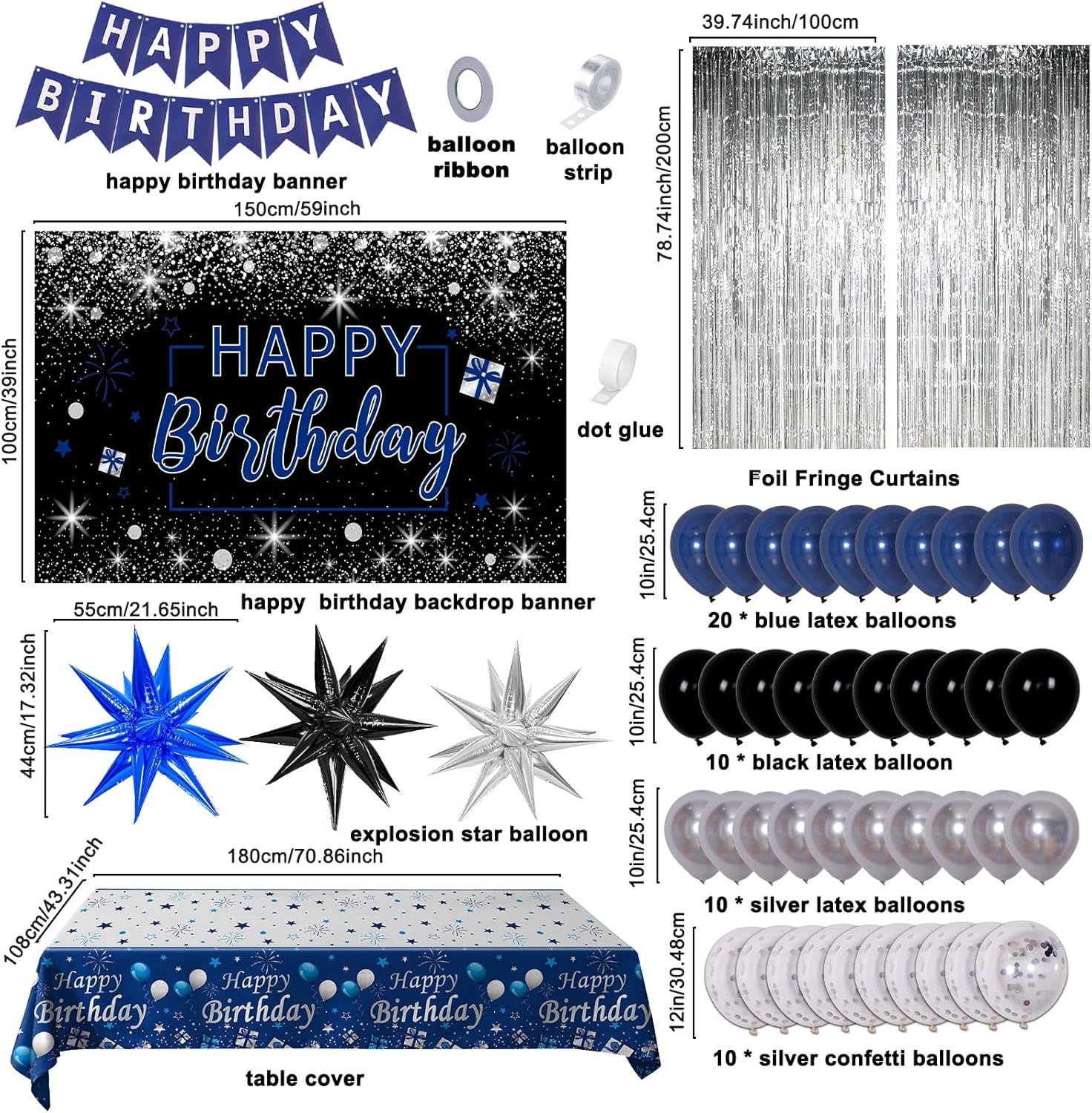 Blue and black birthday decorations for men and women, including banners and balloons, by Puchod for celebrating birthdays.
