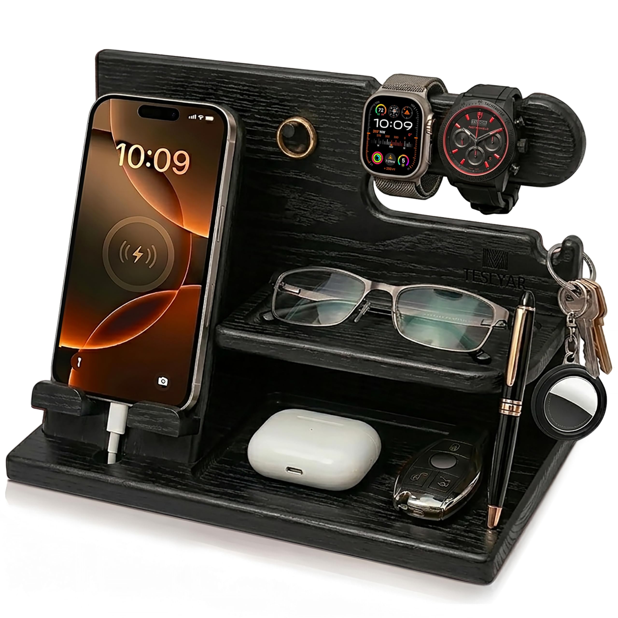 TESLYAR Wood Phone Docking Station for Men - Desk or Nightstand Organizer - Birt - TESLYAR Official Product View 9